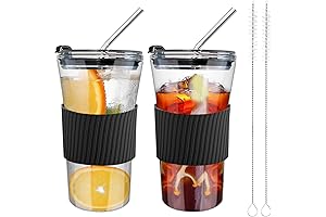 2 pcs Iced Coffee Cups with Lids: Reusable 16 Oz Glass Cups...
