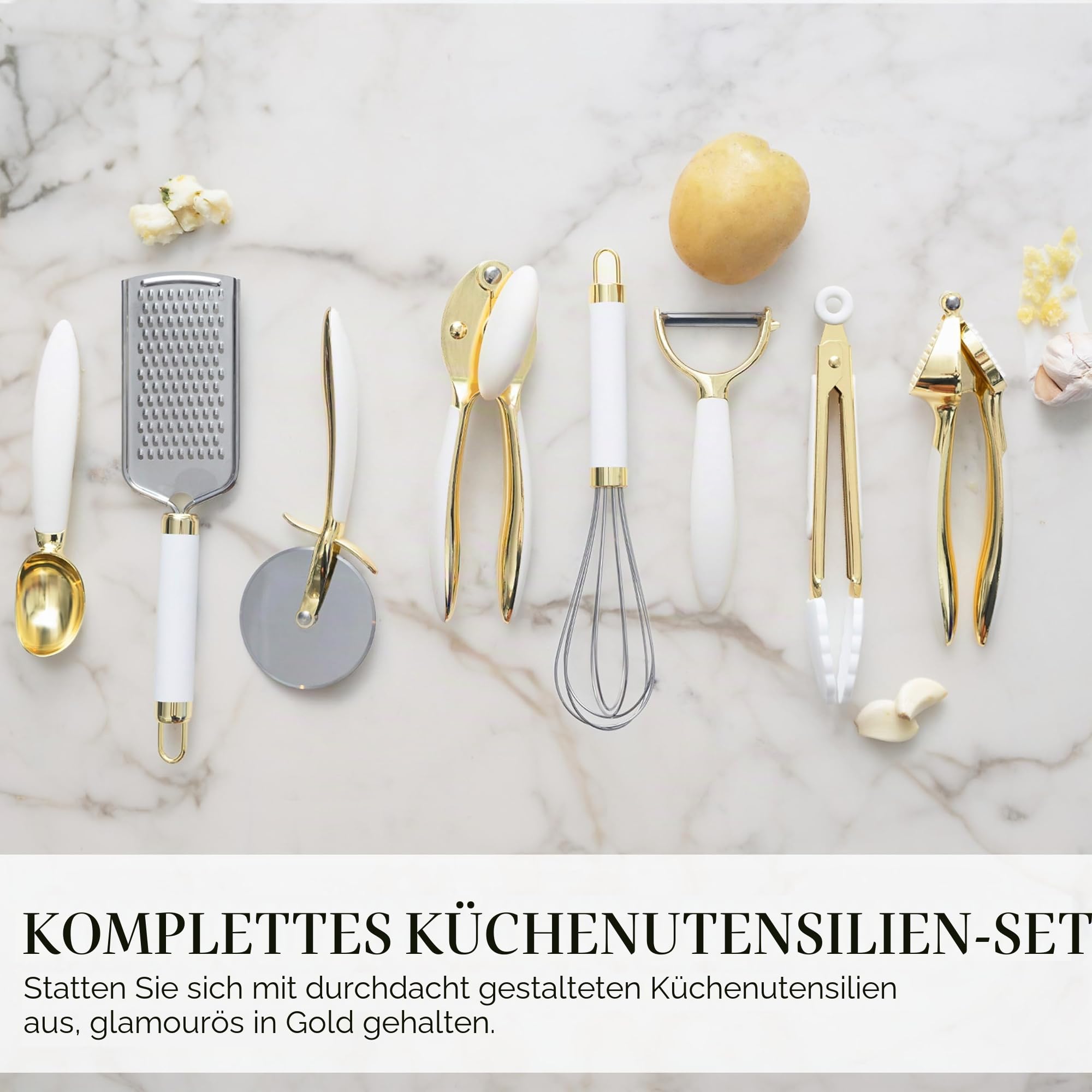 Weiß & Gold Küchenhelfer und Gadgets – Luxe 8-teiliges Kochutensilien -geräte mit rutschfesten Griffen, Goldutensilien-Set, Goldküchenzubehör weißes Küchenutensilien-Set, Premium-Küchenhelfer-Set | Küchenutensilien-Set enthält Dosenöffner, Zange und Knobl