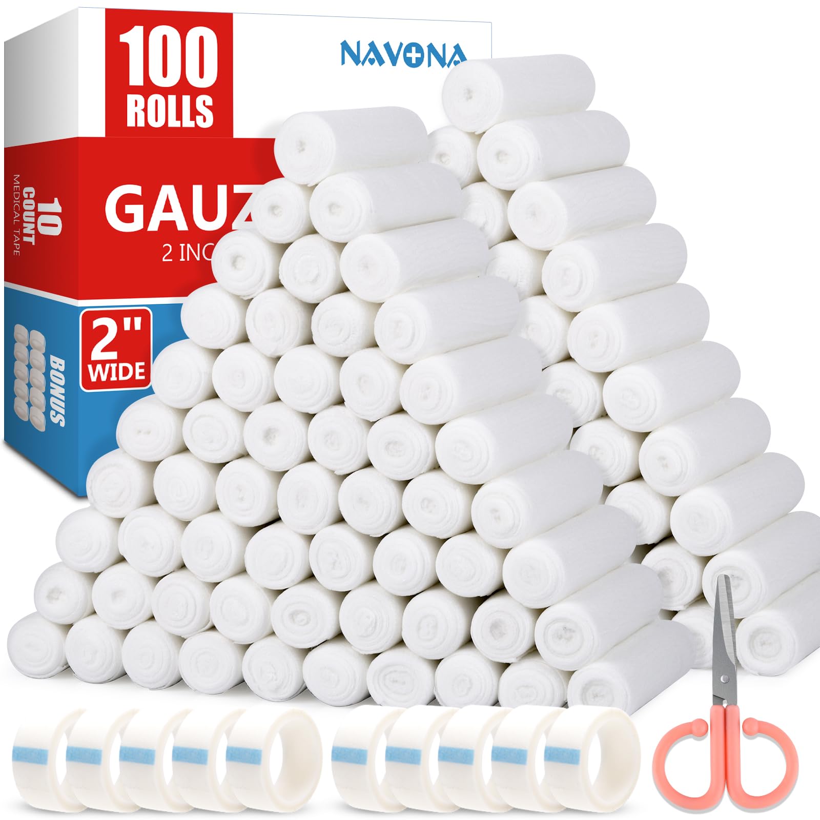 NAVONA Gauze Rolls 2 inch Pack of 100, Individually Rolled Gauze 2 in x 4.1 Yards, Non Sterile, Premium First Aid Supplies & Medical Supplies