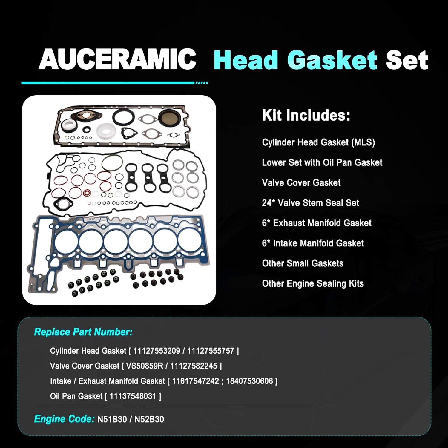 AUCERAMIC N52B30 Head Gasket Set for BMW 2007-2013 328i, 2008-2011 528i, 2007-2012 X3 X5 3.0L L6 [Engine Code: N52B30A N52B30B N51B30A N53B30A] Replace OE# 11127555757 11127581215
