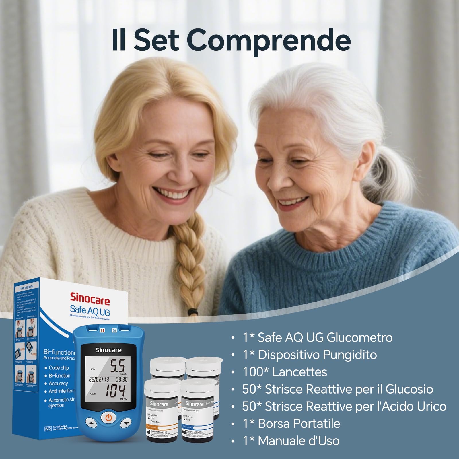 Sinocare Misuratore di Glicemia e Acido Urico, Safe AQ UG Multifunzione 2 in 1 Kit di Monitoraggio Accurati Test a casa, con 50 Strisce Reattive per il Glucosio e 50 Strisce per l'Acido Urico -mg/dL