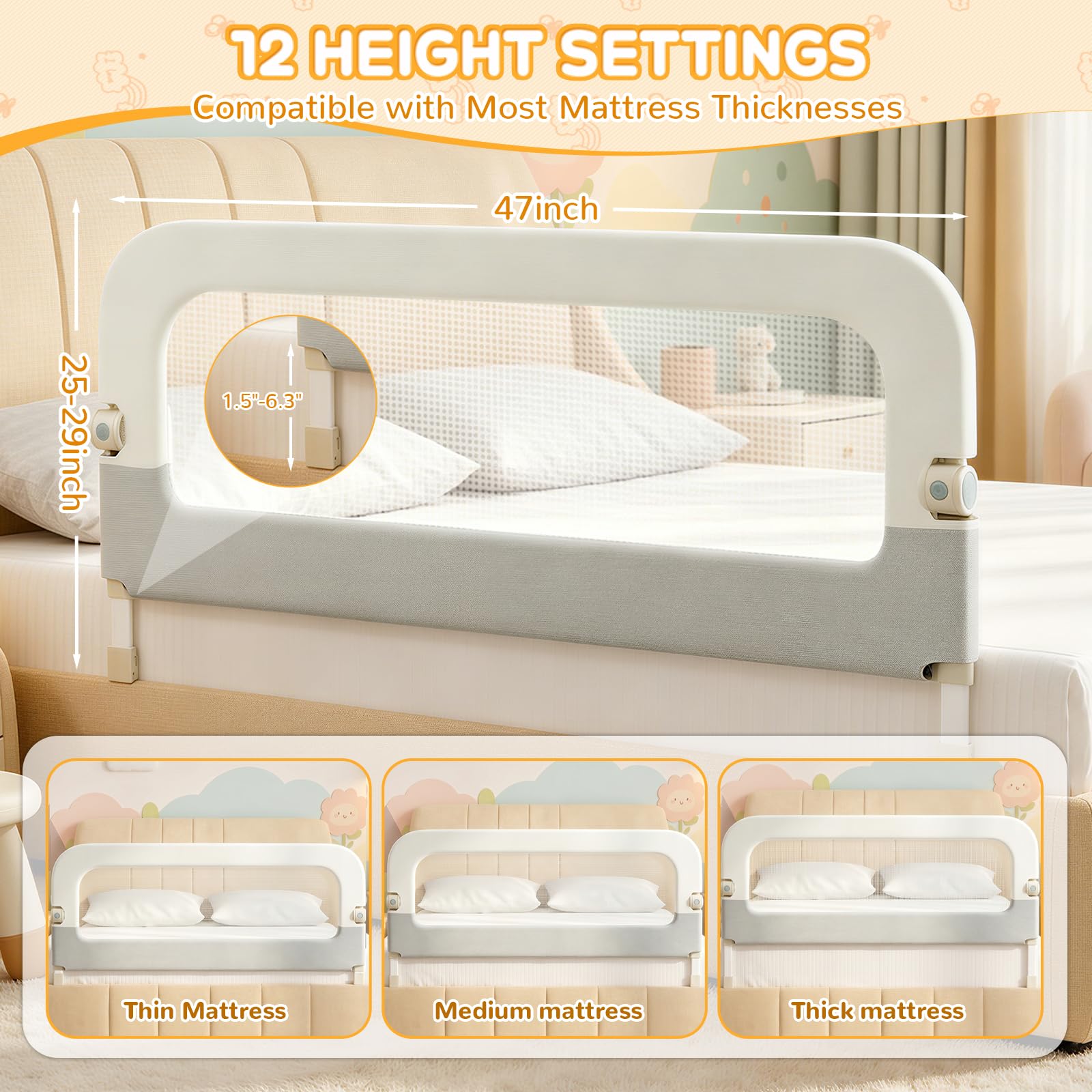 omzer Sponda per letto per bambini, altezza regolabile, 119,4 cm, protezione di sicurezza per bambini, portatile e pieghevole, per casa e viaggi, adatta per letti singoli a letti king e a castello