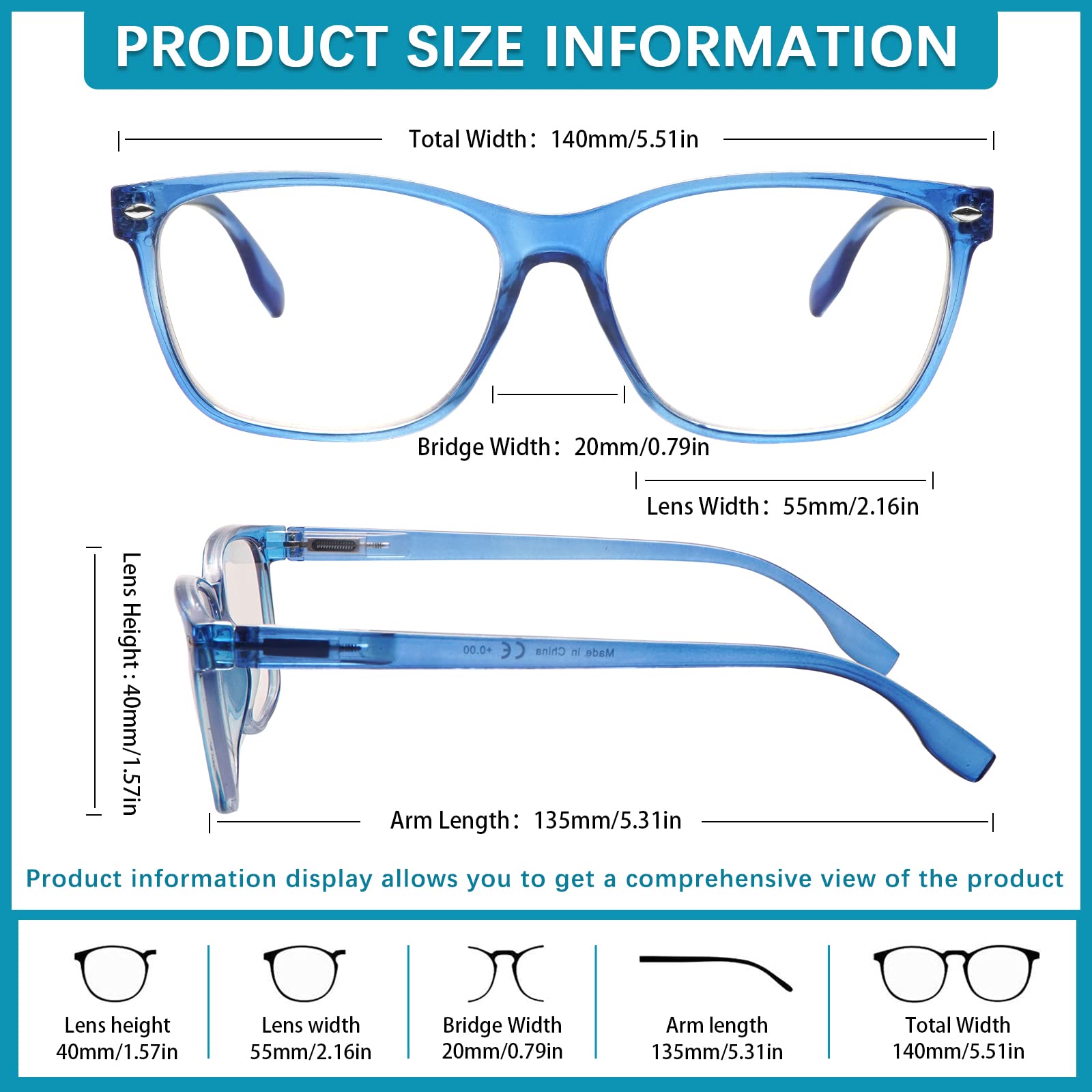MAEOWN 6er-Pack, blaue, blockierende Lesebrille für Damen, verstellbar, Federringe, leicht, Computer-Reader, 6 Stück