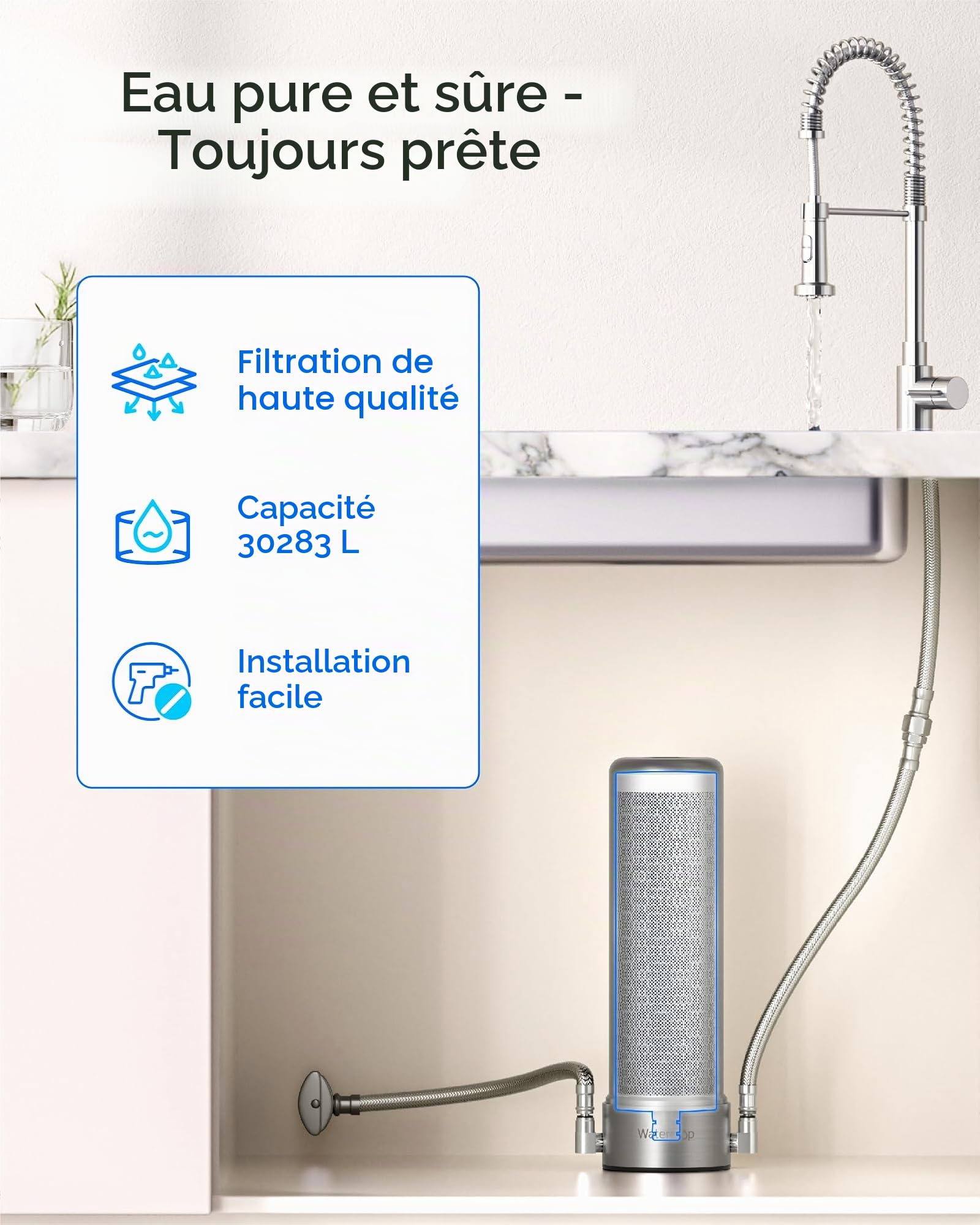 Waterdrop WF13 Filtration Remplaçant pour Évier AS13/BS13/AP13, NSF/ANSI 42 Certifié, Aucun Perçage Nécessaire, Filtration 6 Étapes, Réduit PFOA/PFOS, Plomb, Chlore