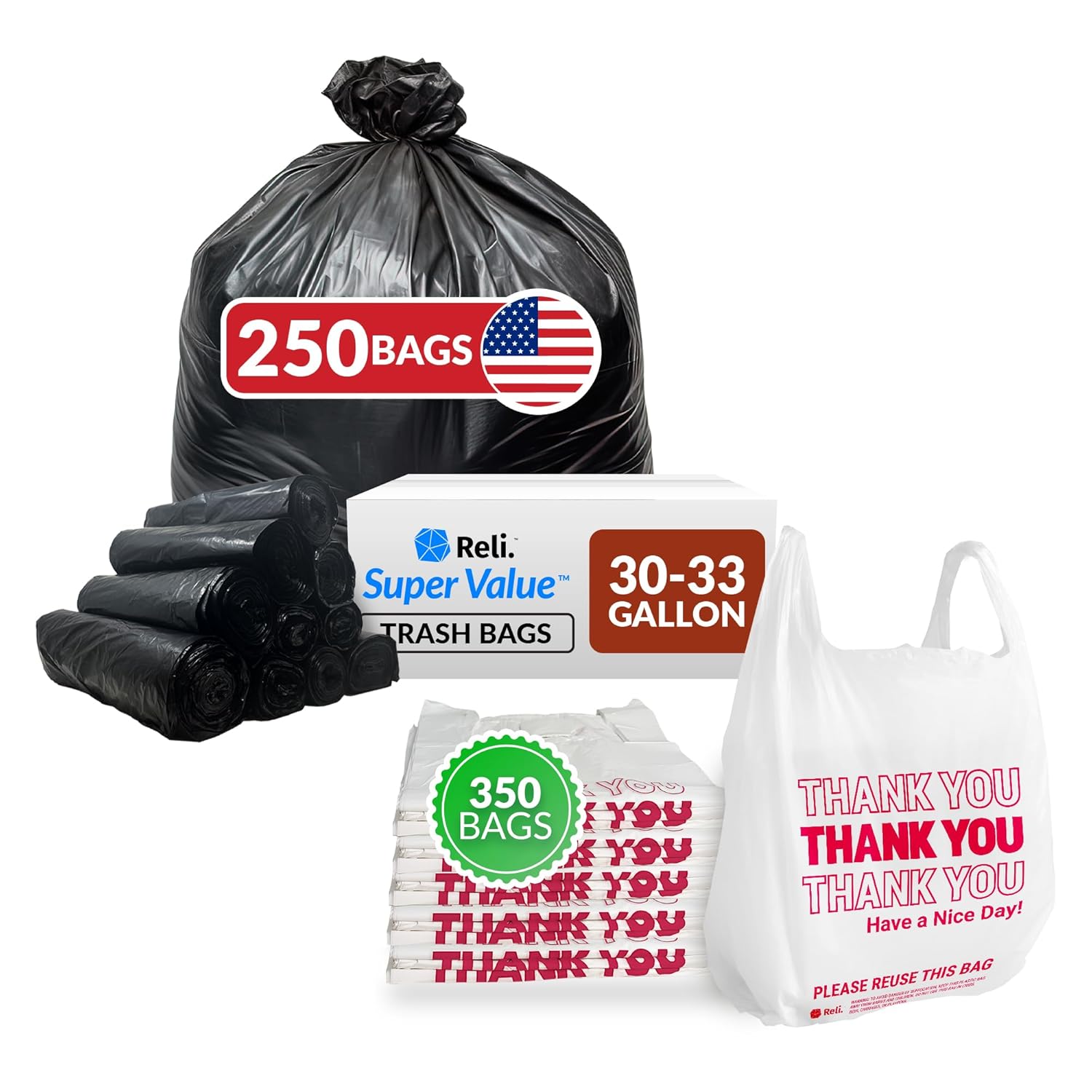 Reli. Thank You T-Shirt Bags (350 Ct) & 33 Gallon Trash Bags (250 Bags)