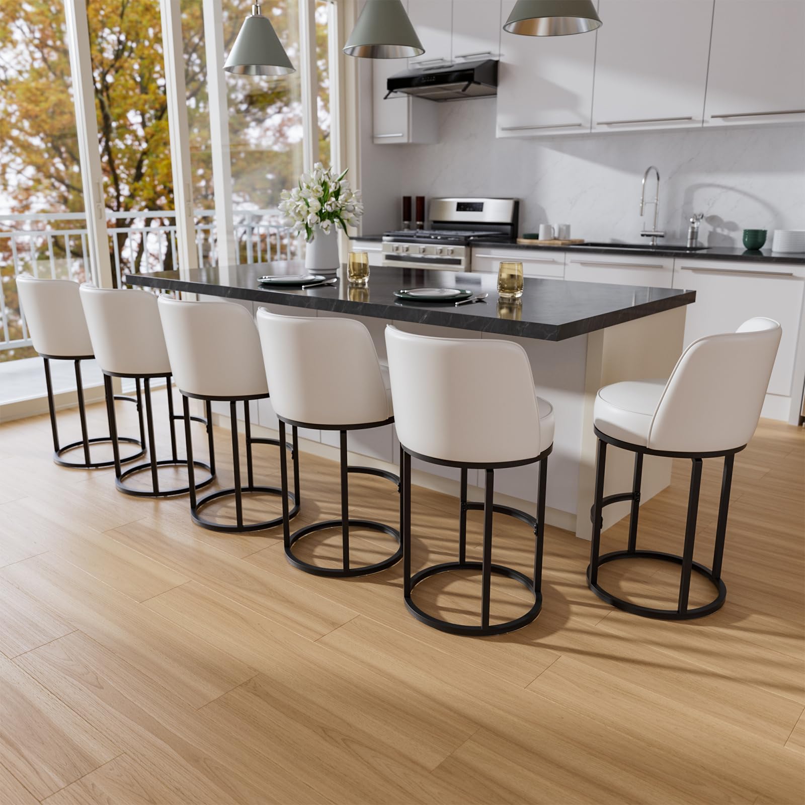 26" White Counter Height Bar Stools Set of 6, Anti-Pinch Swivel | Round Base with Metal Frame, 4.7" Thick Seat, Easy-Clean Faux Leather, Comfy Back, Barstools for Kitchen Island, Home Bar