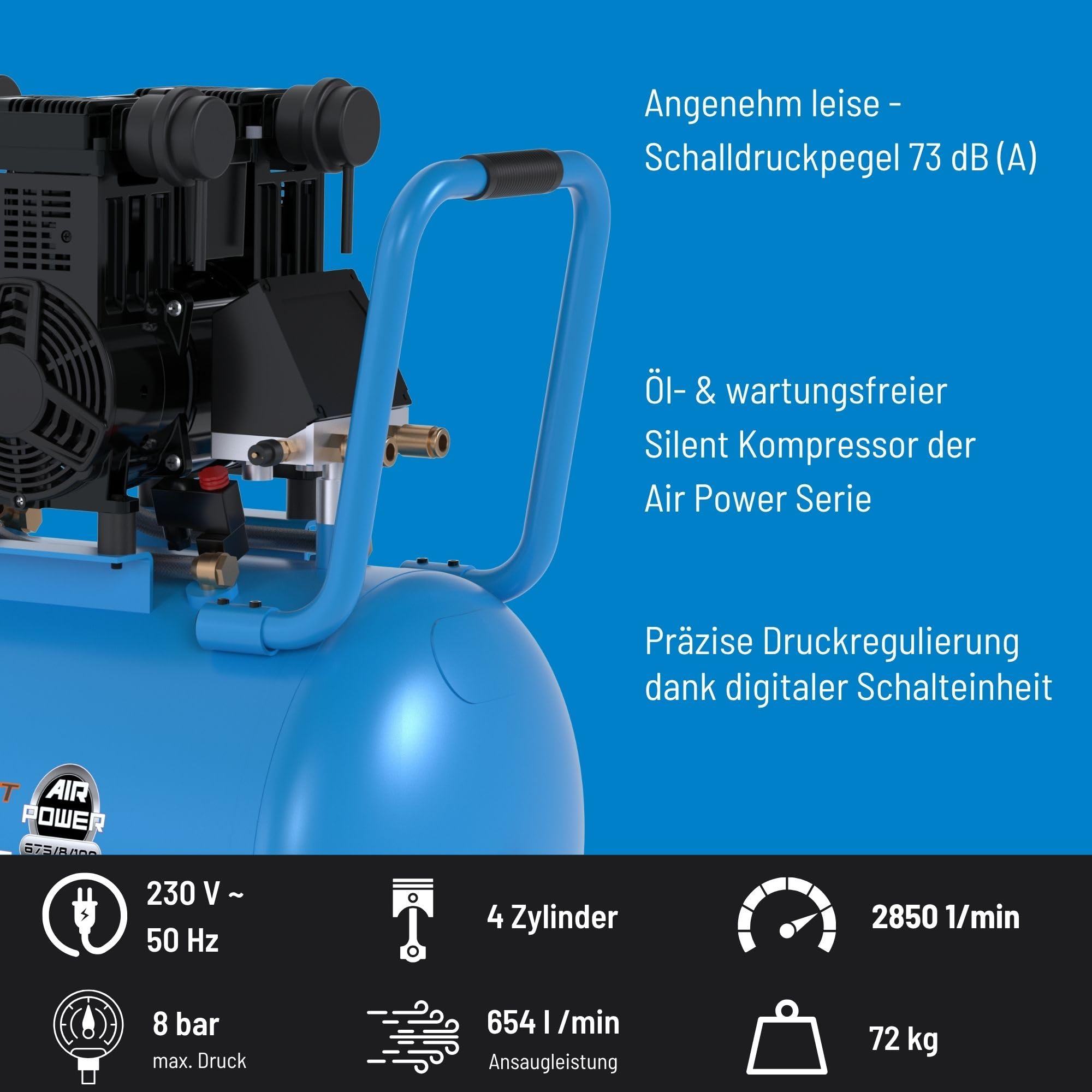 Güde Airpower 675/8/100 ED-SILENT Kompressor - 230 Volt, 100 Liter Kessel, 4,4 Kilowatt, max. Druck 8 bar, eff. Liefermenge bei 0 bar 588 l/min, ölfrei und wartungsfrei, Schalldruckpegel LPA 73 dB