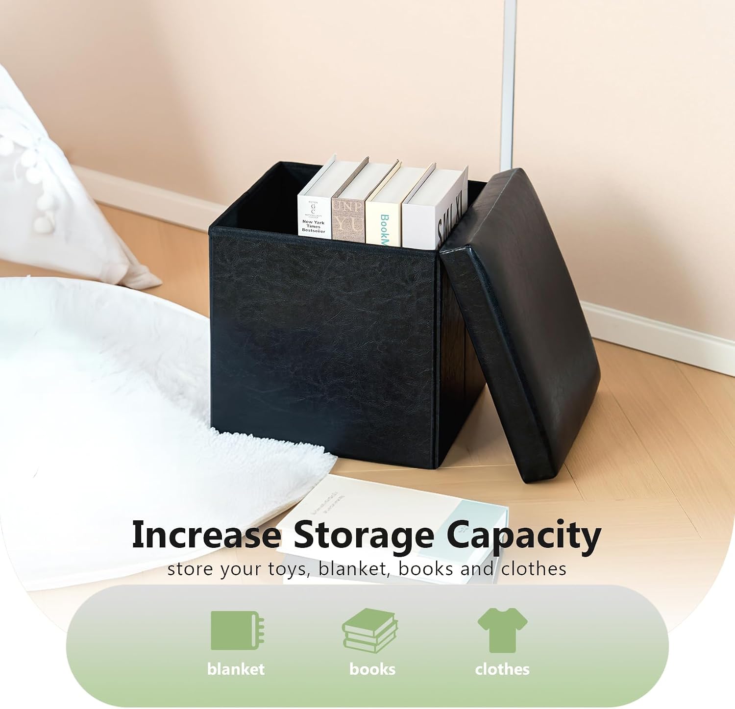 B FSOBEIIALEO Folding Storage Ottoman Cube with Faux Leather for Living Room, Bedroom, Home Office, Dorm Storage Footrest Black 11.8"x11.8"x11.8"