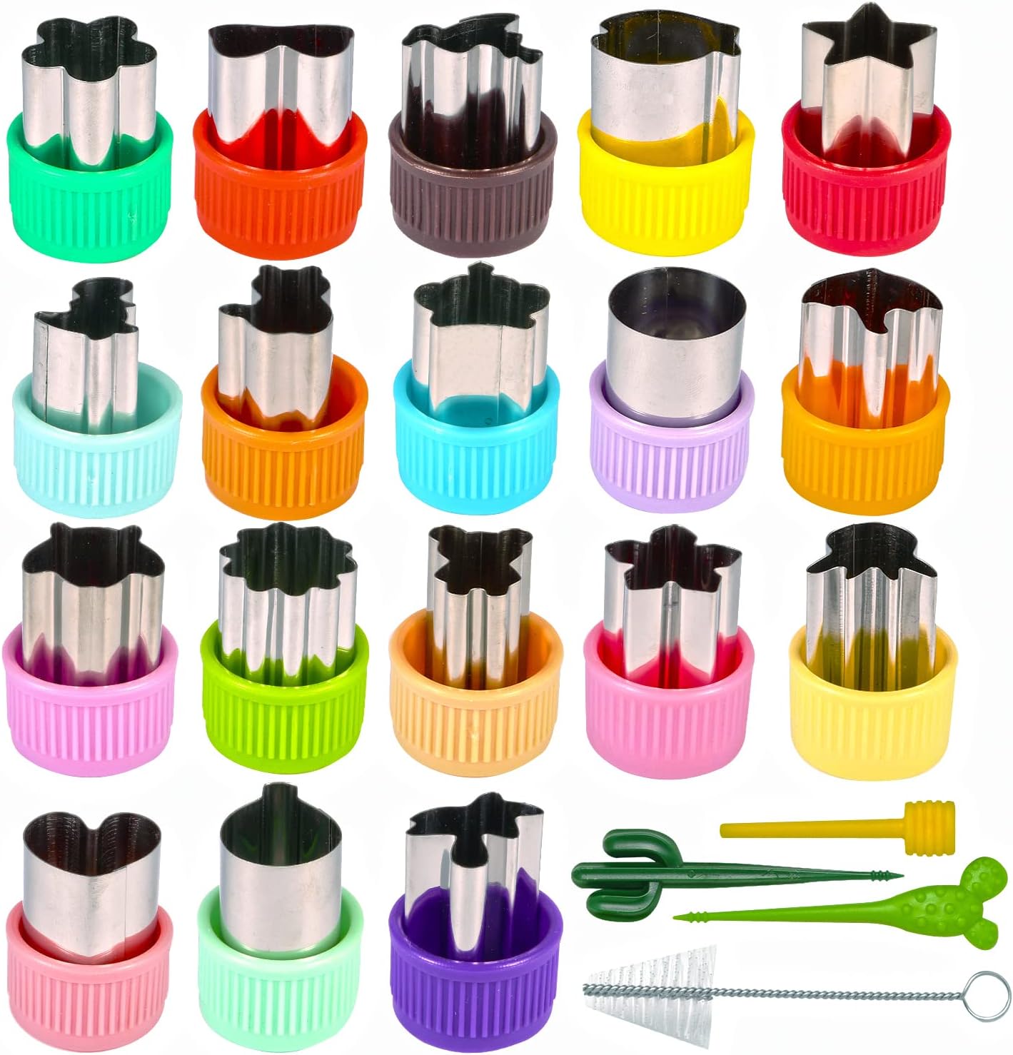 Mini Cookie Cutters Set, Including 18 pcs Mini Fruit Cookie Stamps Mold, 20pcs Cartoon Animals Food Picks, 20pcs Bamboo Fruit Sticks, 1pc Cleaning Brush with Storage Box, Bento Box Accessories Kit