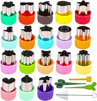 Mini Cookie Cutters Set, Including 18 pcs Mini Fruit Cookie Stamps Mold, 20pcs Cartoon Animals Food Picks, 20pcs Bamboo Fruit Sticks, 1pc Cleaning Brush with Storage Box, Bento Box Accessories Kit