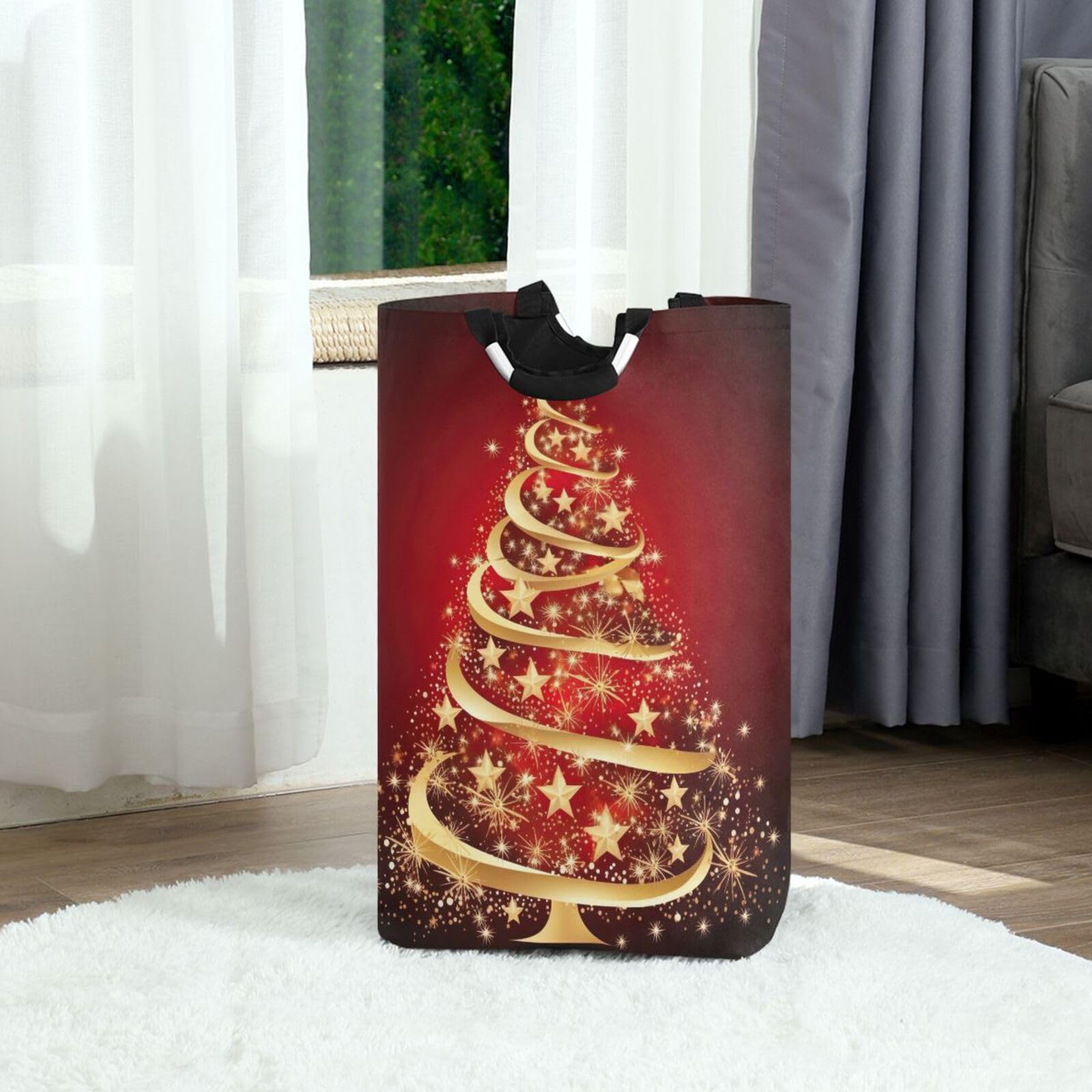 Jihqo Laundry Hamper Basket Christmas Tree Gold Collapsible Nursery Storage Bin Waterproof Clothing Baskets for Home Bedroom Bathroom Washing Room