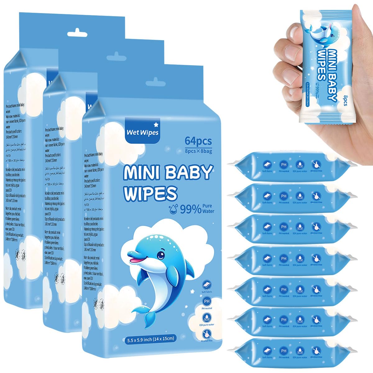 192 Count Mini Baby Wet Wipes - 8pcs/pack (Total 24 packs) Individually Wrapped, 99% Pure Water, Hypoallergenic, Eco-Friendly, and Perfect for Newborns and On-the-Go Families (Blue)