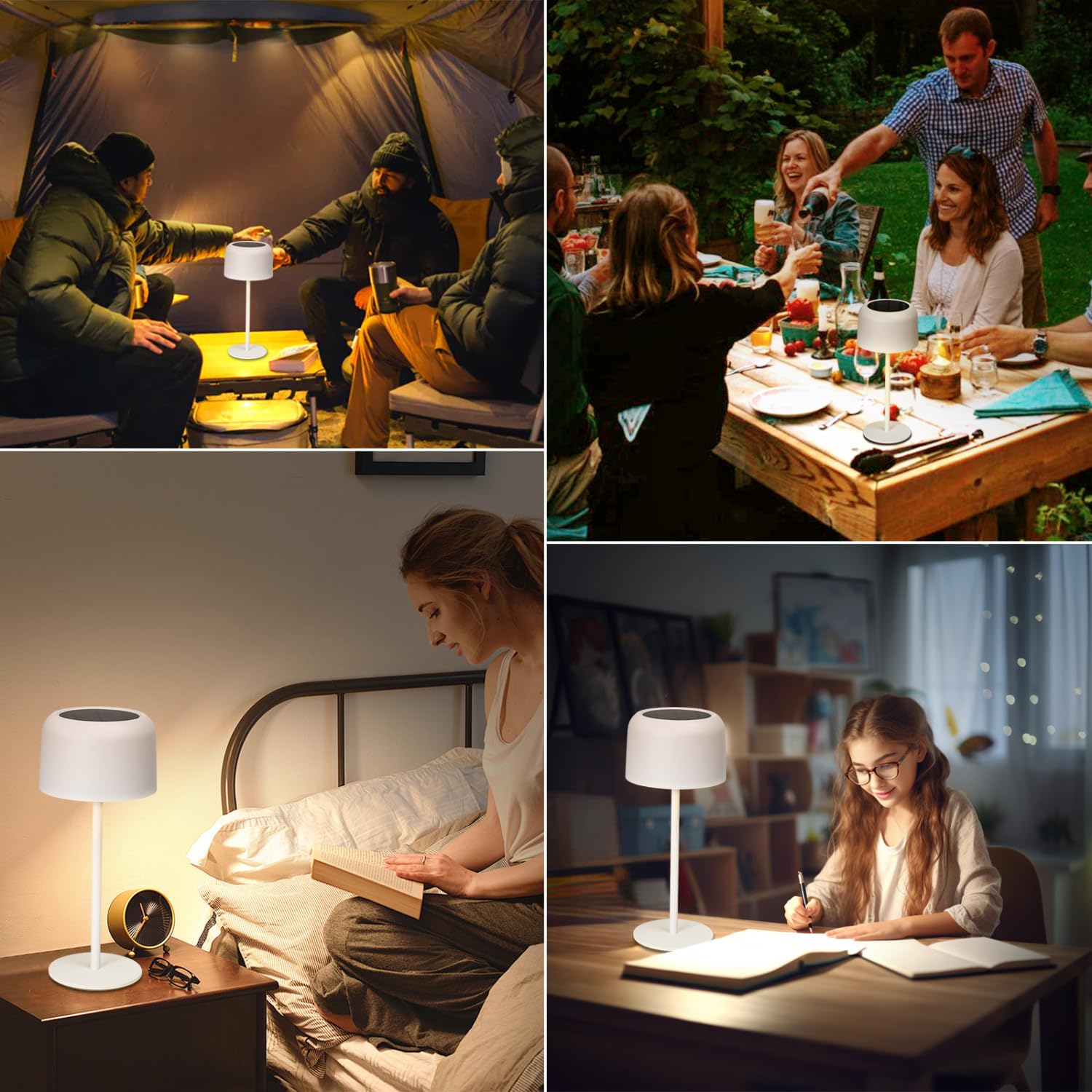 Aigostar Lámpara de Mesa Inalámbrica Recargable Solar y USB, Lámpara de Escritorio Táctil Regulable, Lámpara de Noche IP54 Impermeable para Interior y Exterior, Dormitorio, Restaurante - Blanco