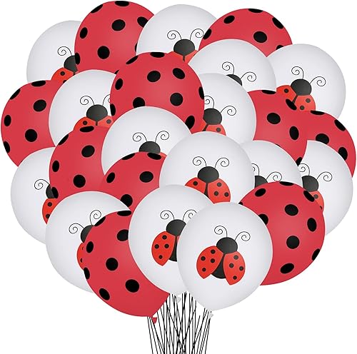 30 globos temáticos de mariquita, globos de lunares rojos y negros de 12 pulgadas, globos de decoración de mariquita para fiesta de cumpleaños