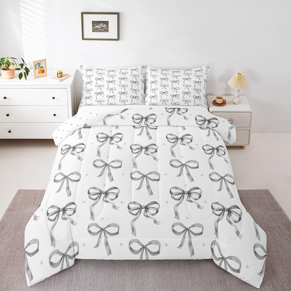 Feelyou Grey Bowknot Bedding Set Queen Size Watercolor Bow Comforter Set for Kids Coquette Bows Comforter Women Men Teens Ultra Soft Decor Bow Duvet Set