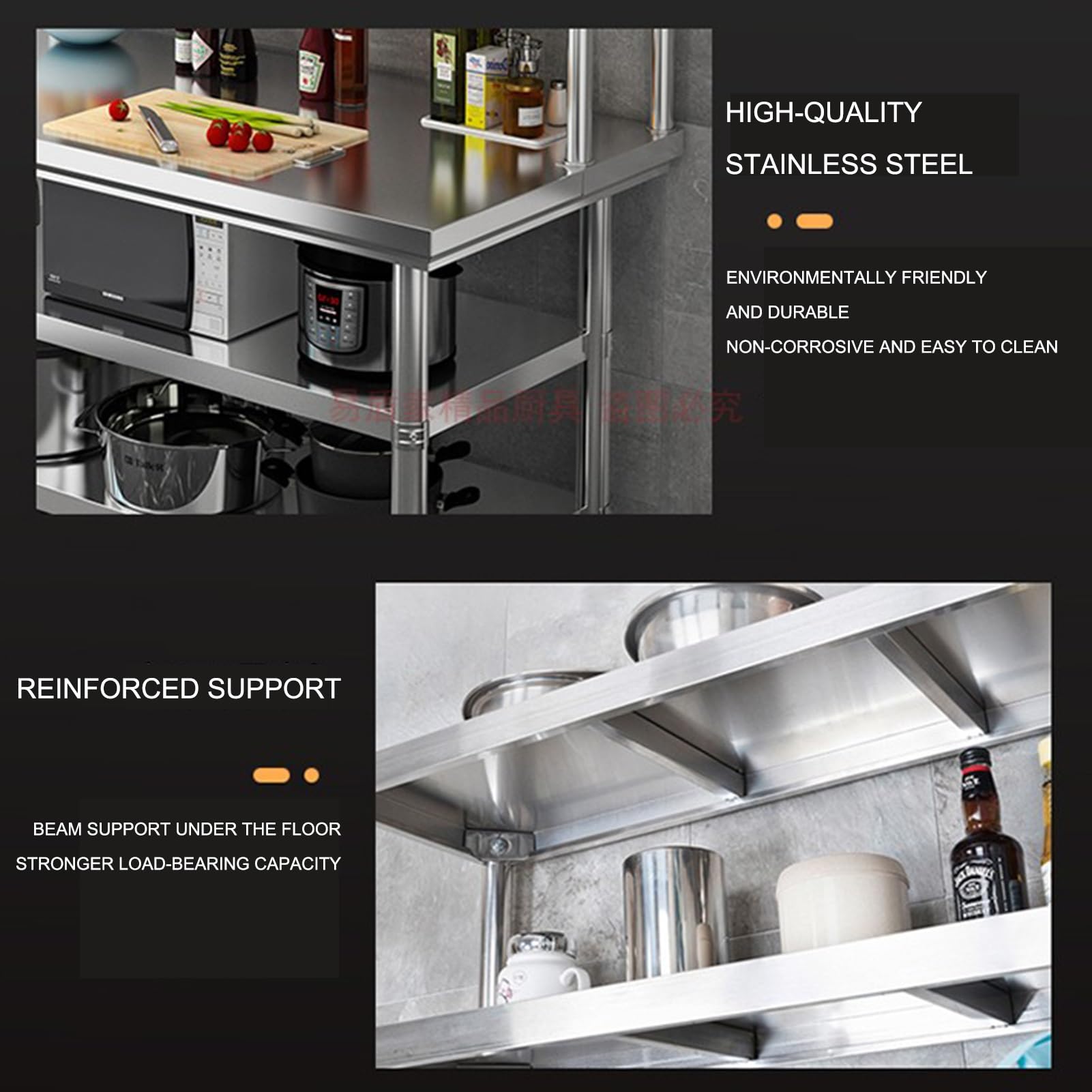 Regulowany stół roboczy ze stali nierdzewnej z półkami – wytrzymały stół komercyjny do restauracji, kuchni, magazynu, garażu (80 cm x 60 cm x 80 cm)
