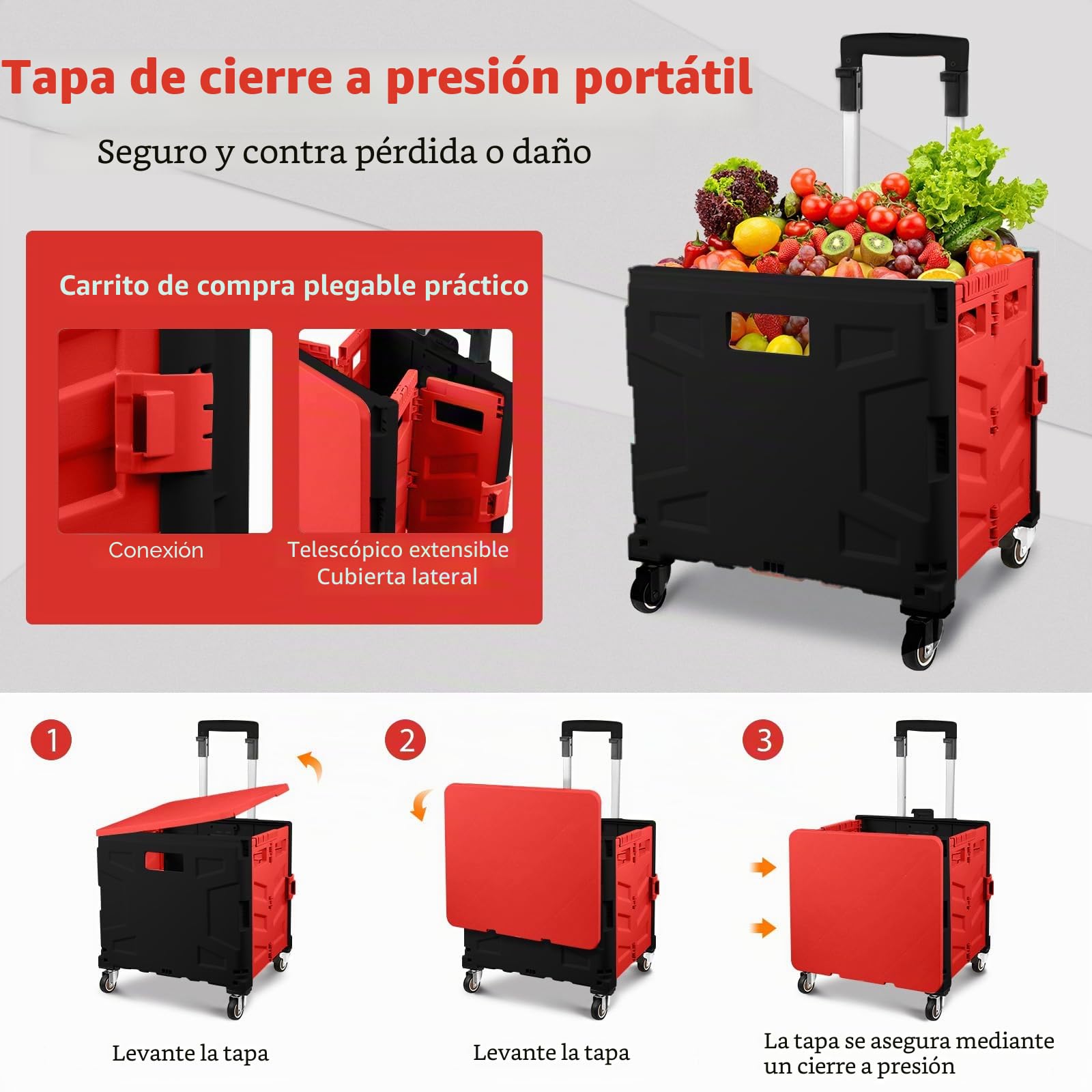 Carro de la compra plegable, carrito de transporte, hasta 50 kg, caja de 50 l, cesta de la compra con tapa, asa extensible de aluminio, 4 ruedas metálicas giratorias de 360°, 103 x 43 x 38 cm