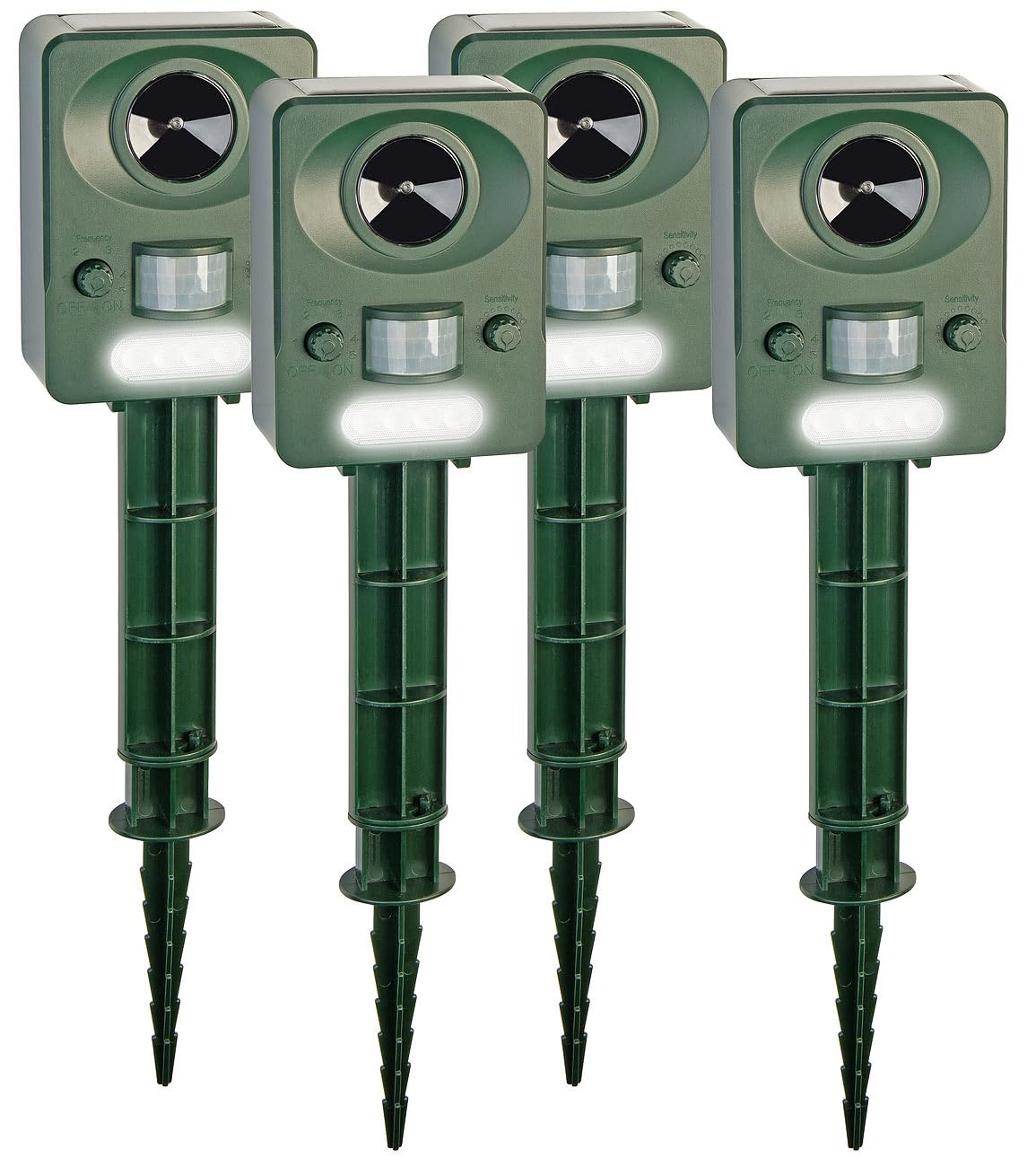 Exbuster Rattenabwehr: 4er-Set Ultraschall-Solar-USB-Tierschreck mit Blitzlicht & PIR-Sensor (Elektrischer Katzenschreck, Solar-Ultraschall-Tierabwehr, Hund)