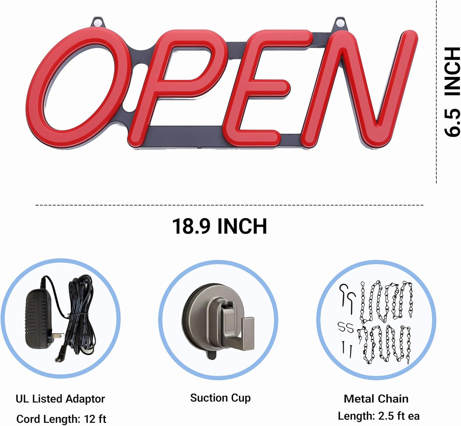 18in RED Opti Neon LED OPEN Sign for Business, Injection Molded, Flash and Speed Adjustable, 12V less than 10W, Easy to Install, Indoor Use Only
