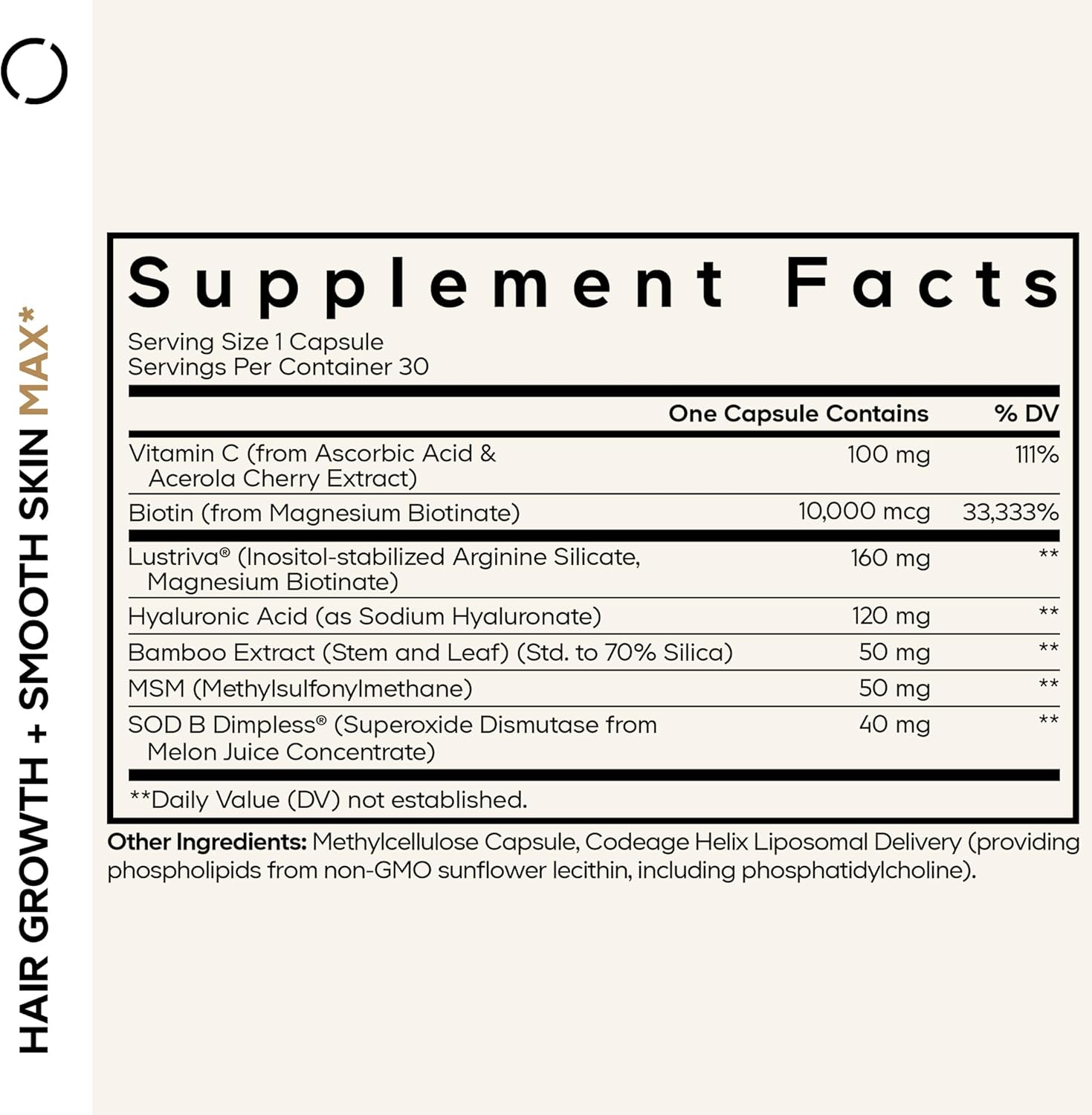 Codeage Hair Growth + Smooth Skin Max Vitamins Supplement - Patented Lustriva & SOD B Dimpless Superoxide Dismutase - Hair Growth Health Skin Cellulite Support - Biotin, Vitamin C, MSM - 30 Capsules - Image 2