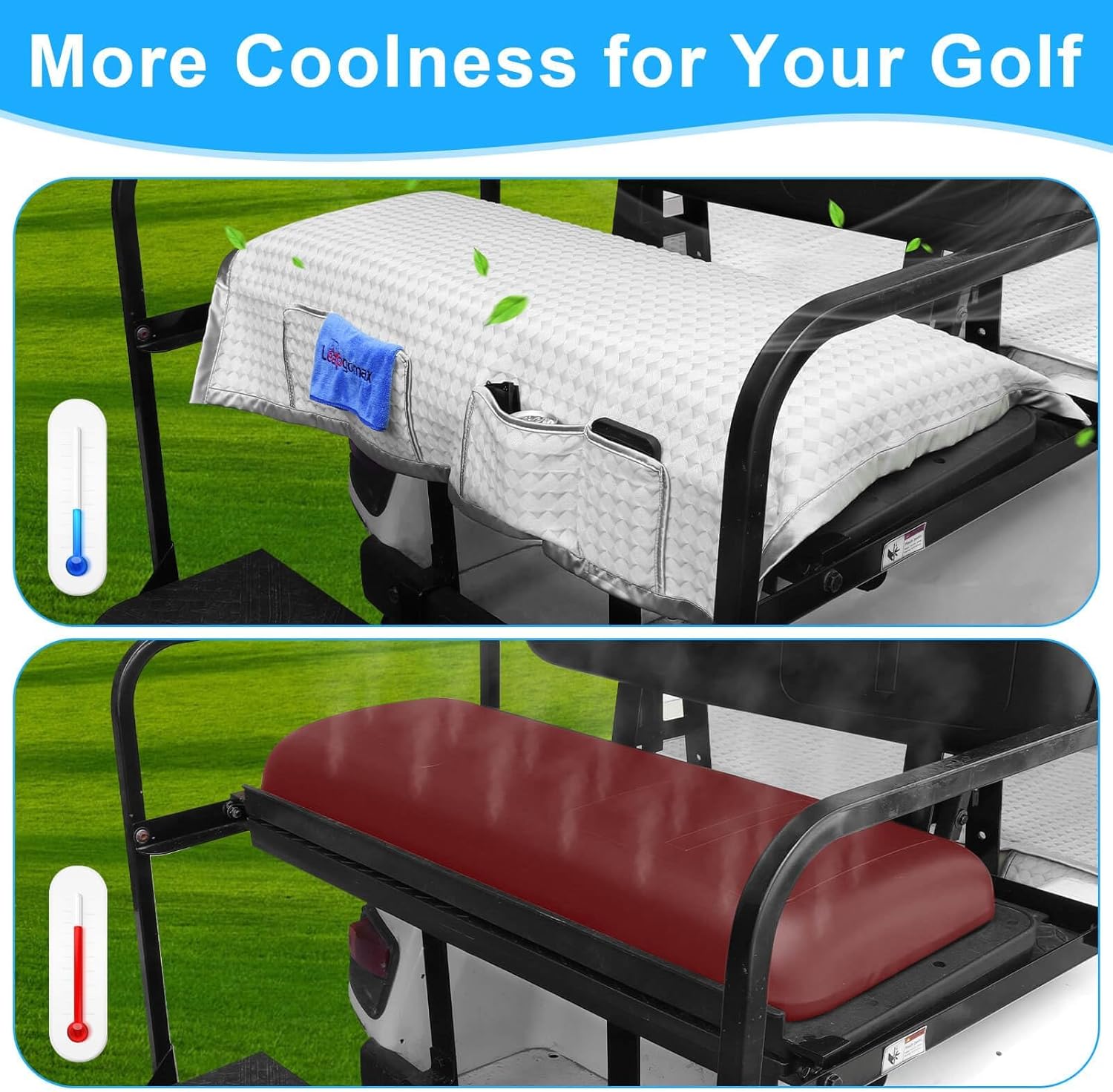 Golf Cart Rear Seat Cover, Universal Cooling Ice Silk Golf Cart Back Seat Blanket for EZGO Club Car Yamaha, Breathable Fabric with 4 Pockets and Safety Straps