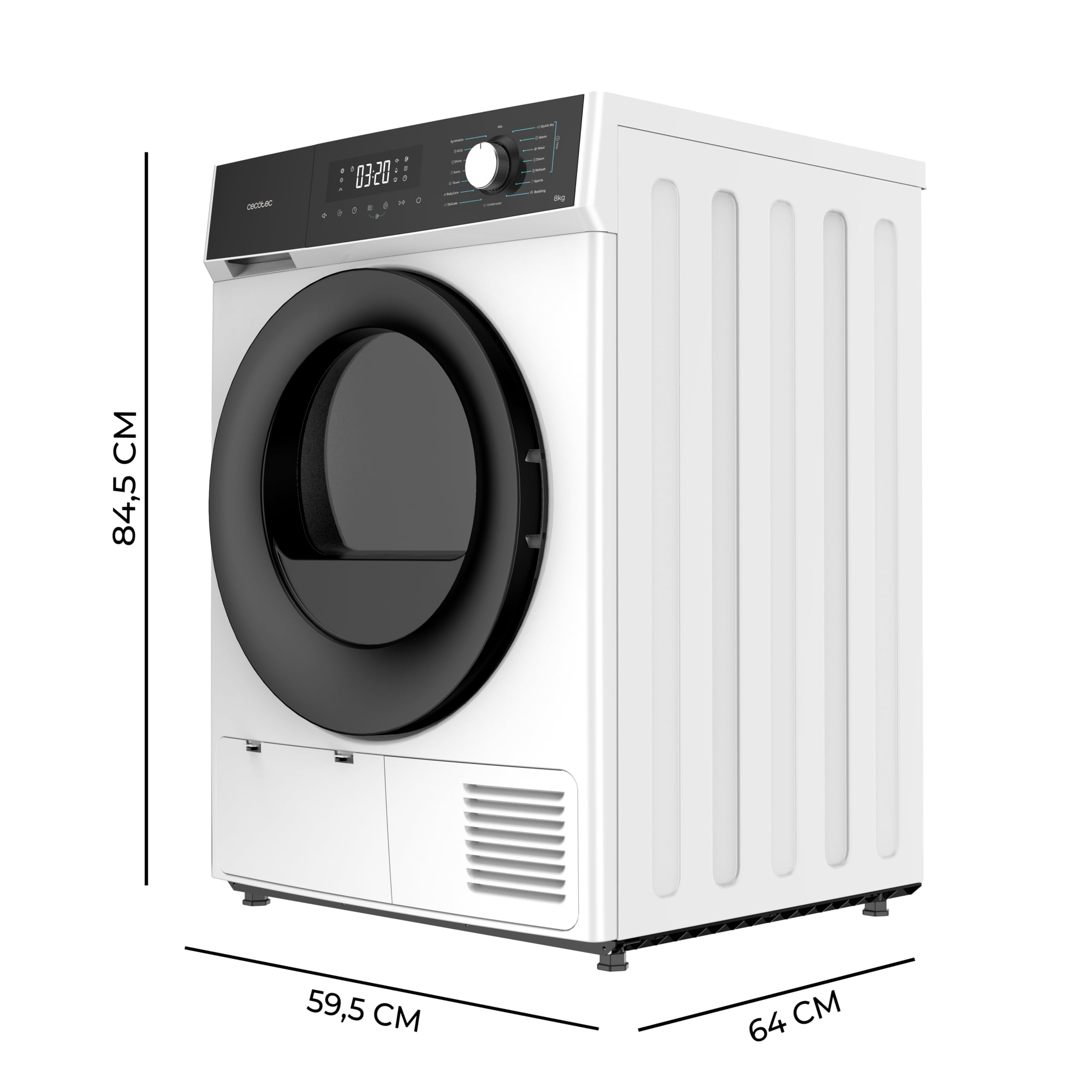 Cecotec Asciugatrice 8 Kg Pompa di Calore Bolero Dresscode Dry 8330. Classe A++, 15 Programmi, Funzioni come Asciugatura Automatica, Stiratura Facile, Stop&Go, Avvio Ritardato, KidLock, Bianco