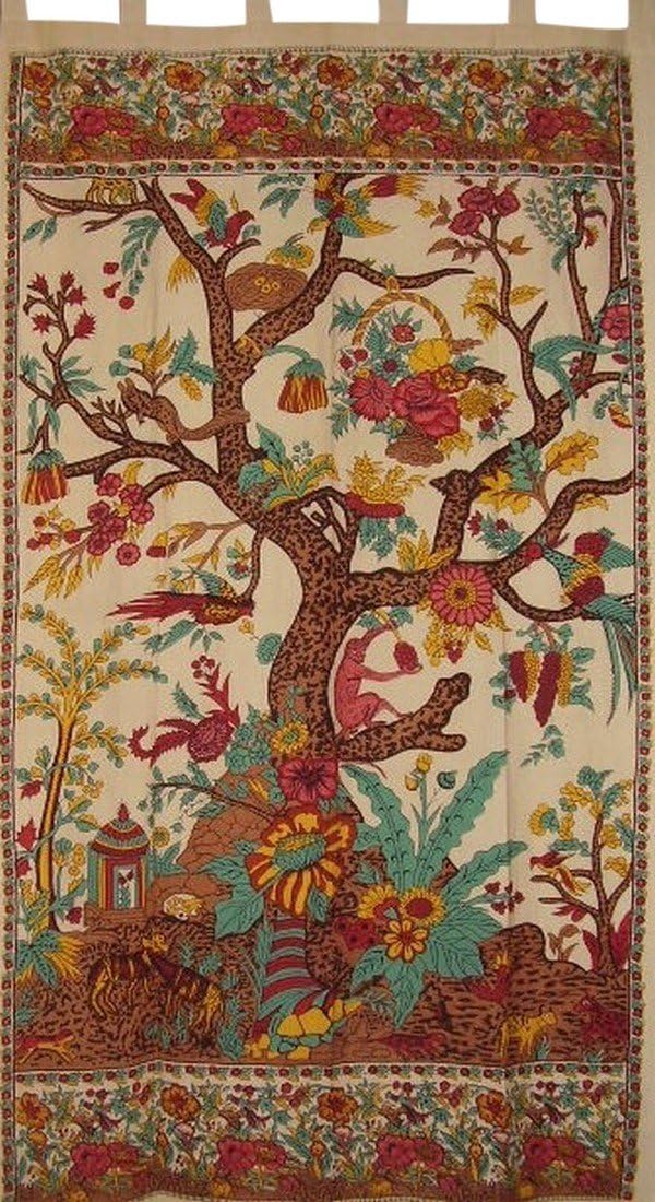 India Arts Tree of Life Tab Top Curtain Drape Panel Cotton 44" x 88" Beige