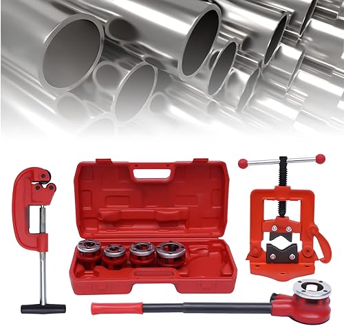 Miniatura 6 de Kit de enhebrador manual de tubo de trinquete, con cinco moldes + cortador de tubos + tornillo de banco para corte profesional y roscado de tubos