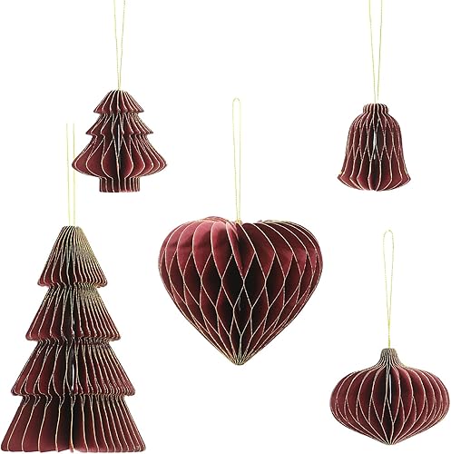5 piezas de papel de panal de abeja rojo para decoración de Navidad, 3D con borde de purpurina en forma de corazón, adornos de árbol de Navidad,