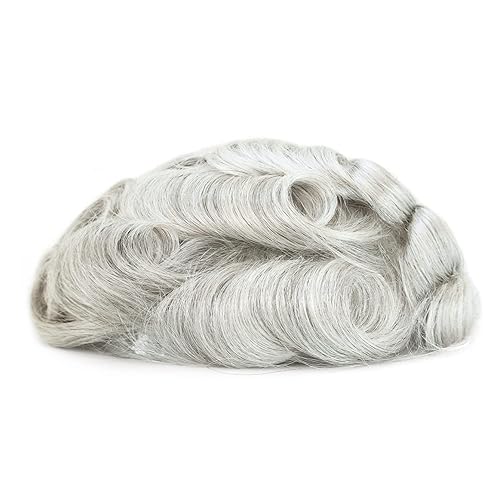 Miniatura 6 de Natural Mens sistema de reemplazo de cabello humano real Caballeros Cabello humano postizos finos polivinílicos V bucle negro gris pelo toupee