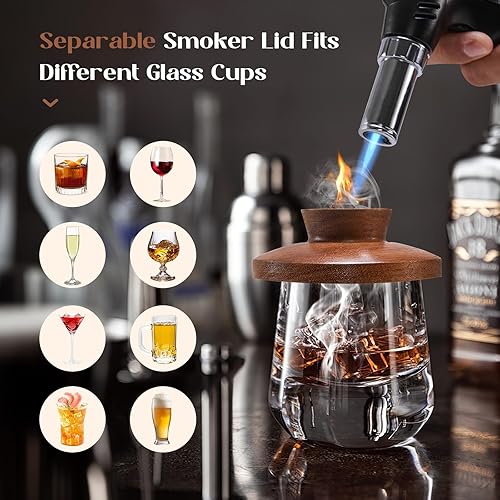Miniatura 5 de Kit de ahumador de cóctel con base de madera y cúpula de vidrio, perfecto para infundir sabores ahumados en cócteles antiguos, whisky y alimentos