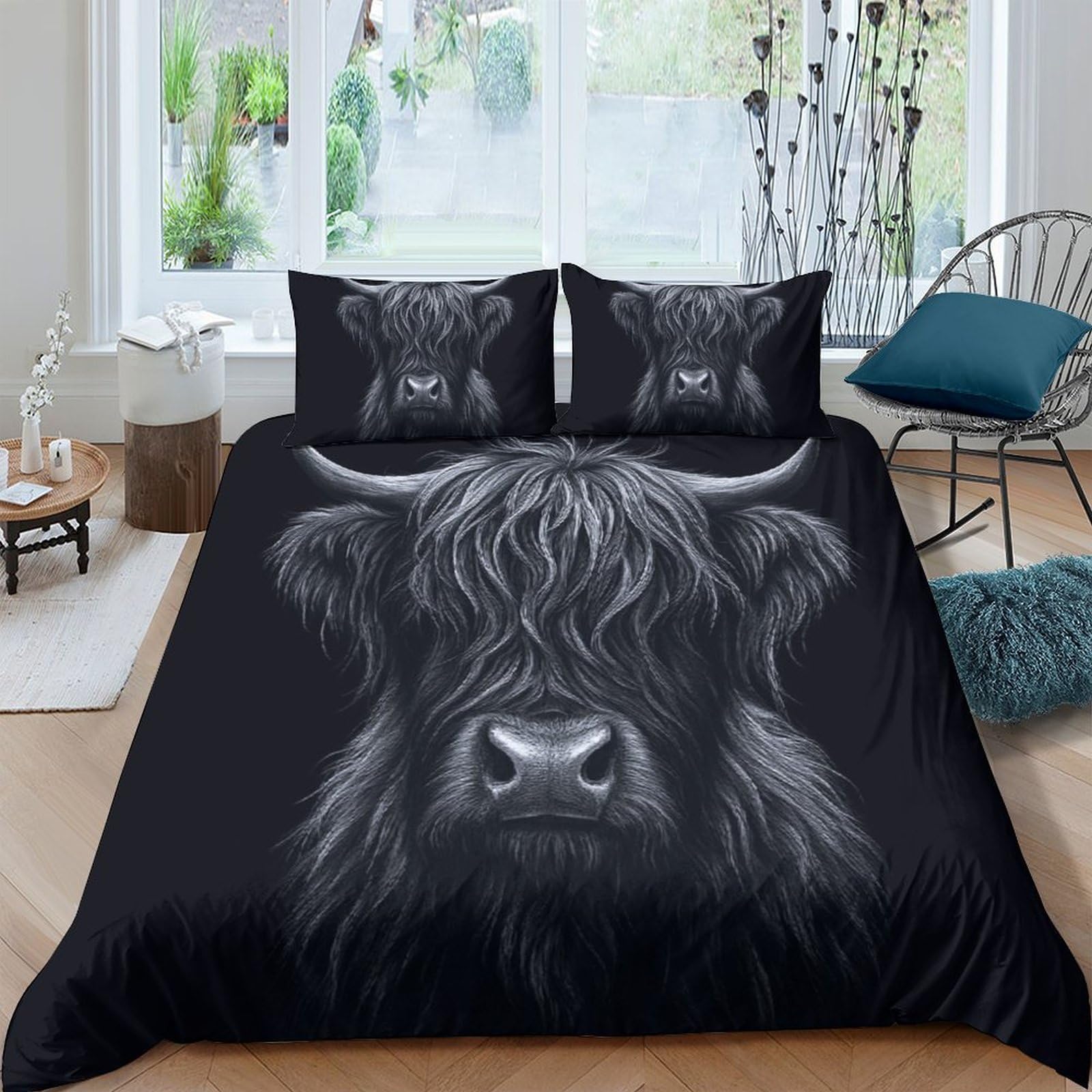 Ctjqhvkz Style-7 3D Printed Highland Cow Fitted Sheet Microfiber Black Animal Face Bed Cover For Bedroom Guestroom Machine Washable Single（135X200cm）