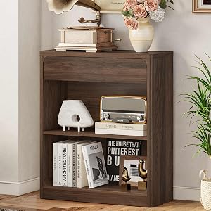 FATORRI Bookcase with Drawer, 3-Tier Rustic Book Shelf with Storage, Open Display Bookshelf with Rounded Corners for Living Room, Home Office, Bedroom, Kids Room (Dark Walnut)