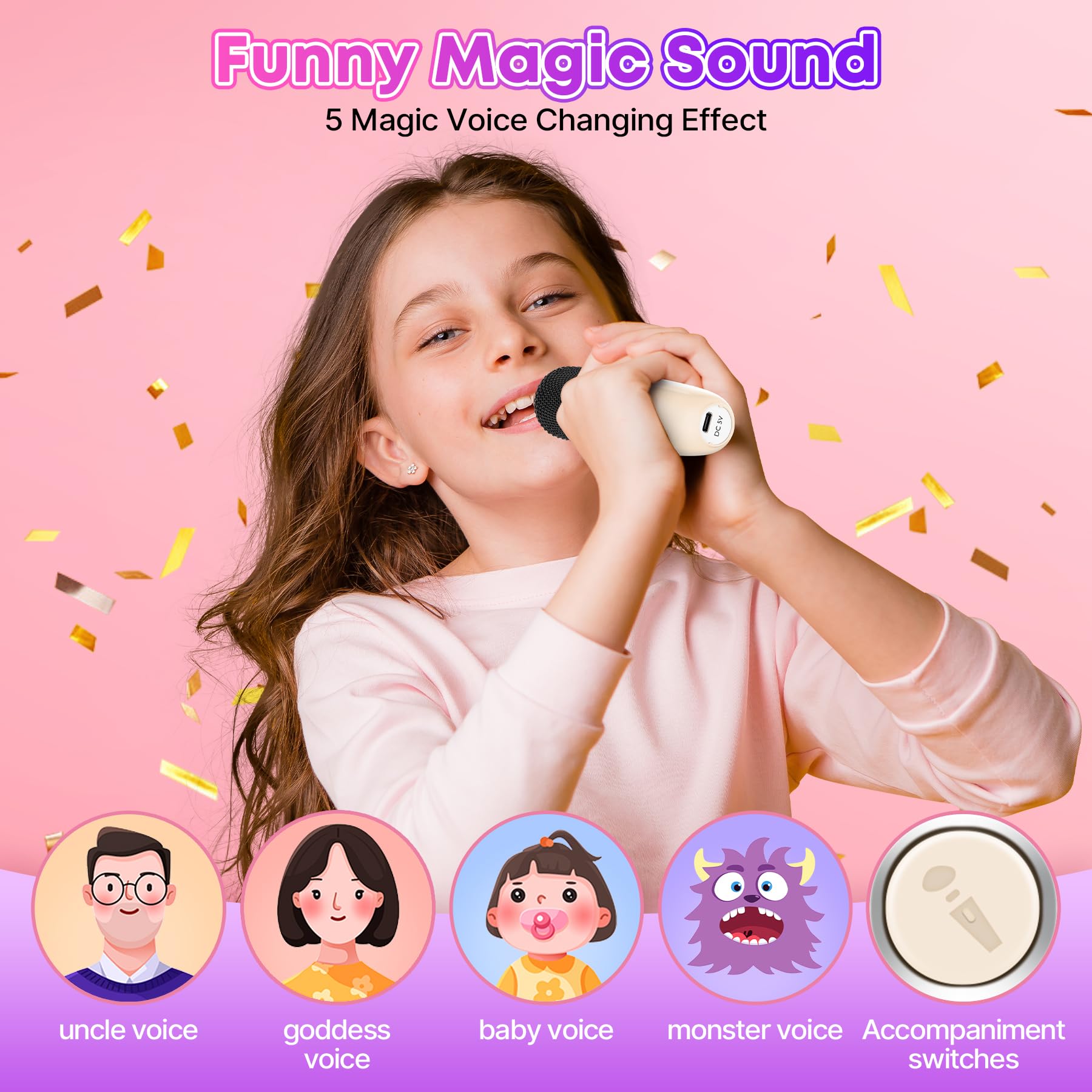 Gontence Karaoke per Bambini, Giocattolo Regalo Bambina 3-12 Anni, Karaoke con Microfono Bluetooth, Carta regalo, Luci LED, Effetti di Cambio Voce, Microfono Karaoke Regalo Giochi Bambina 3-15 Anni