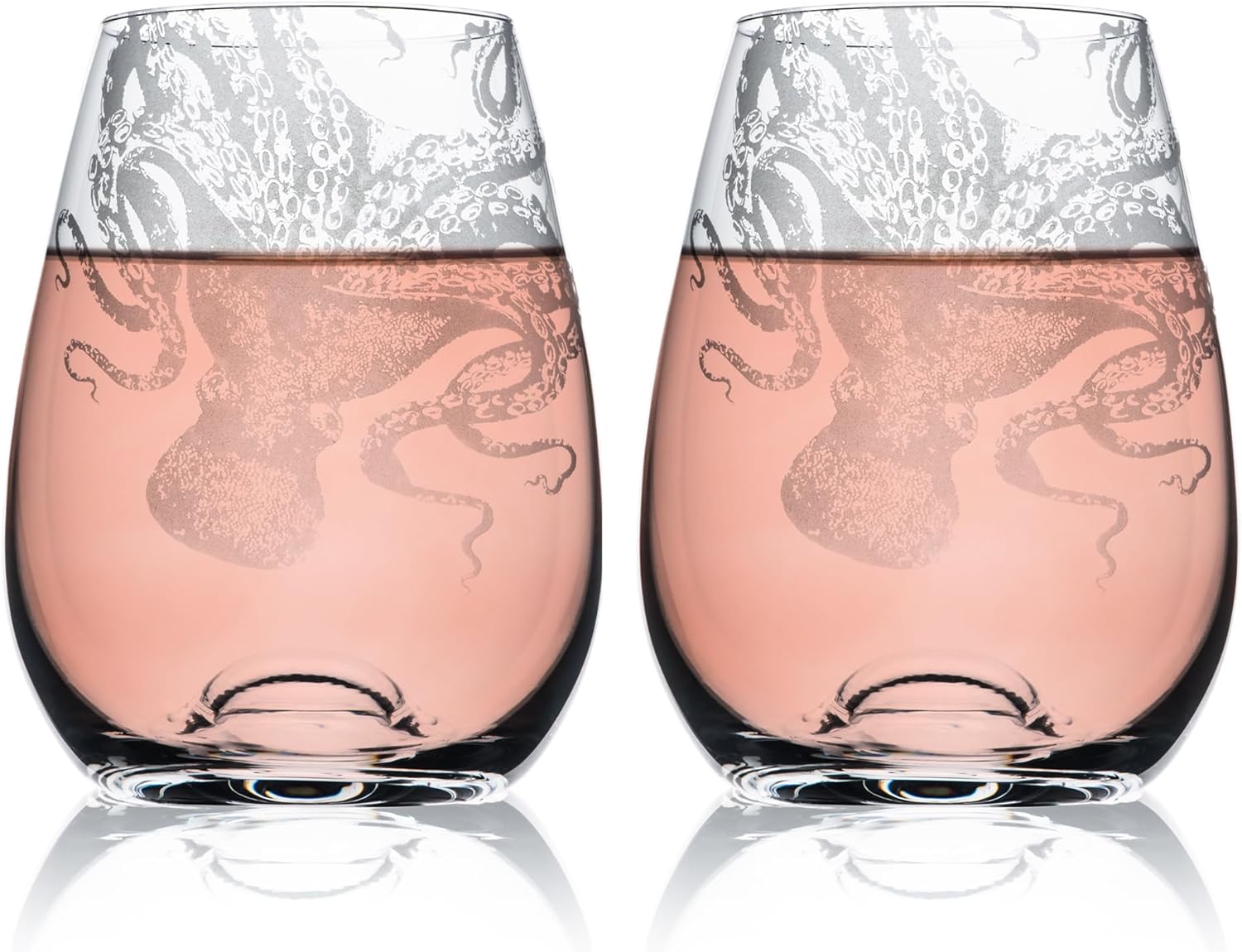 Caskata Lucy the Octopus Stemless Wine Glasses Set of 2 | Hand-Crafted Lead-Free Crystal Drinking Glasses Set For Red Wine or White Wines | Unique Party Wine Glass for Wedding or Birthdays | 14 Oz