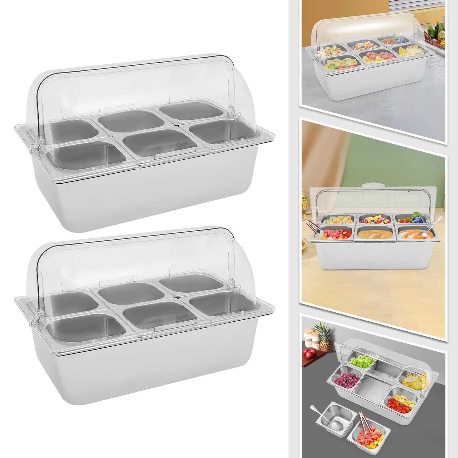 Stainless Steel Food Serving Pan Set for Buffets Event and Restaurants Outfoor 6-Compartment Fruit Tray with Lid