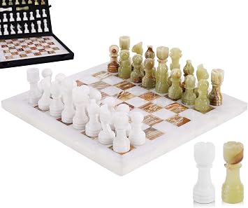 MARBLE RANGE 12" Handmade White & Green Onyx Board Game with 32 Chess Pieces, 2 Extra Queens & Storage Box, Luxury Travel Game, Elegant for Home Decor