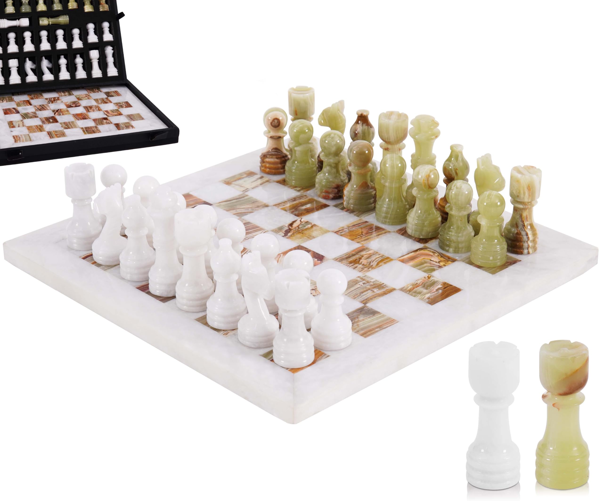 MARBLE RANGE 12" Handmade White & Green Onyx Board Game with 32 Chess Pieces, 2 Extra Queens & Storage Box, Luxury Travel Game, Elegant for Home Decor โ image 1