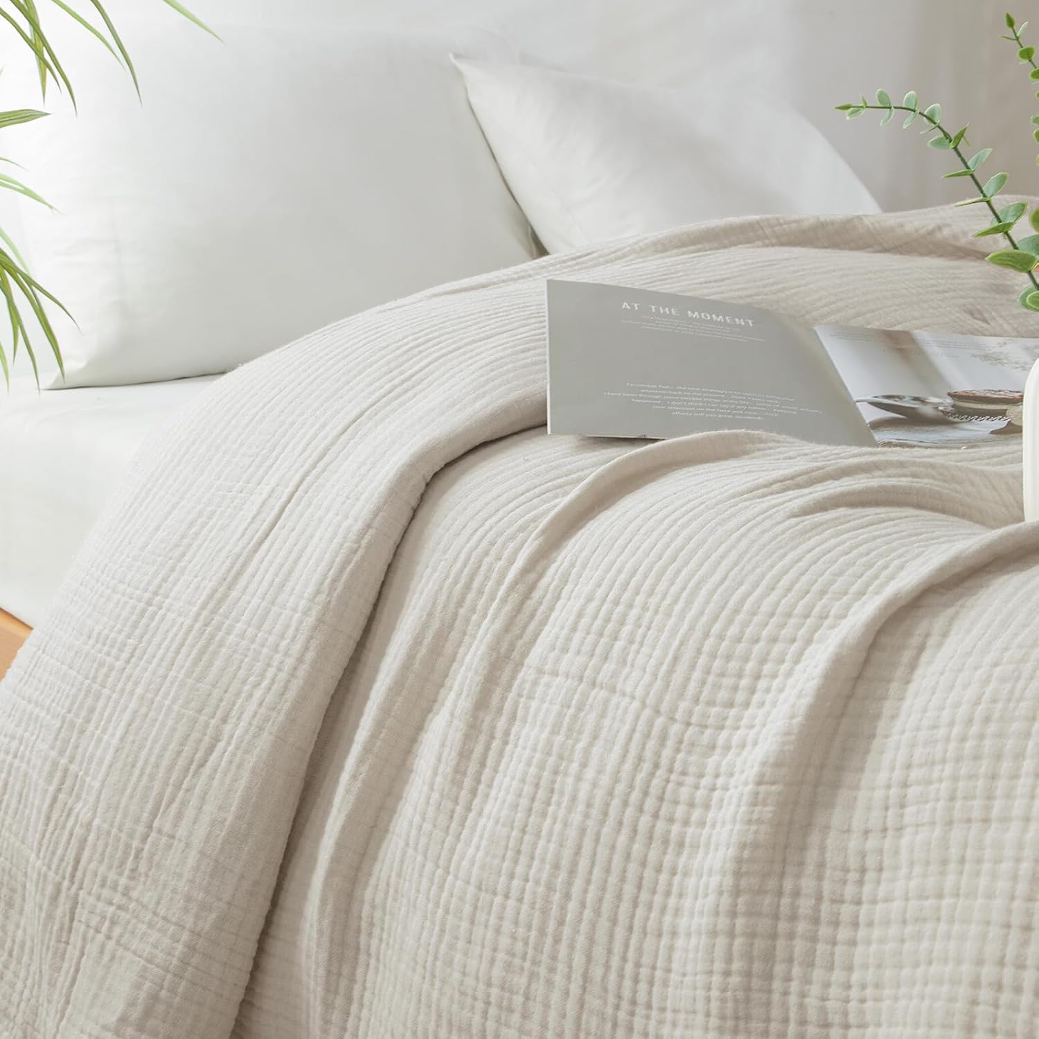 PHF 100% Cotton Muslin Blanket Twin XL Size 66"x90", 4-Layer Lightweight Gauze Throw, Breathable Cloud-Soft Minimalist Blanket for Bed, Couch, Camping & Baby, Oat Milk, Ideal Gift - Image 8