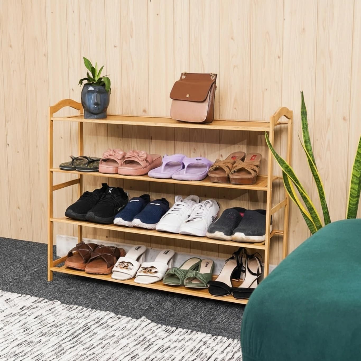 STORIA 4 Tier Bamboo Wooden Shoe Rack for Home, Multipurpose Adjustable Storage Organizer Stand-Entryway-Kitchen-Bedroom-Indoor Outdoor, Portable Footwear-Slippers-Chappal-Sneakers Display Shelf