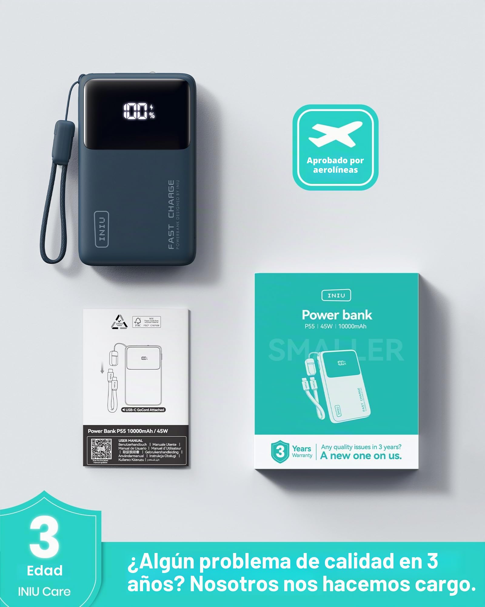 INIU Power Bank, Slim 22,5W 10000mAh Bateria Externa Carga Rapida, USB C Input & Output Cargadores Moviles con Linterna para iPhone Samsung, Viagem Essentials Apto para Hombres y Mujeres, BLU