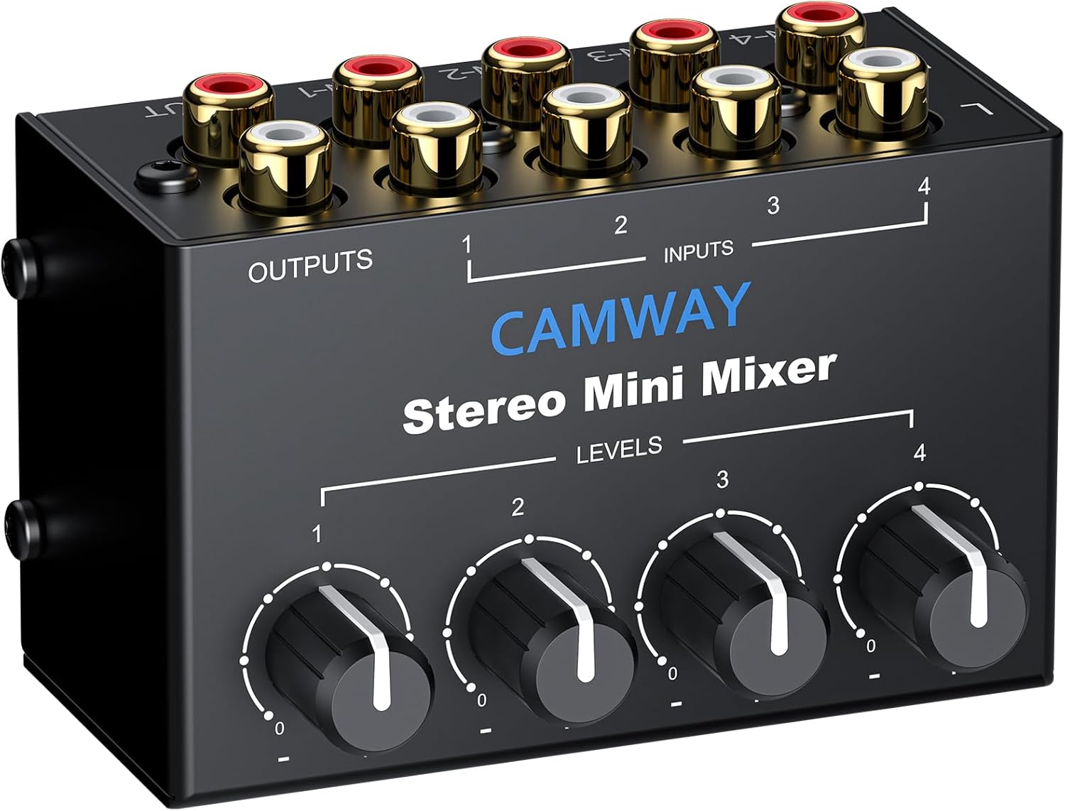 CAMWAY Audio Mixer 4 Channel - Mini RCA Stereo Audio Mixer for PC, X-box,PS4 Gaming,TV,PC,Music,Streaming,DJ Mixing,RCA Input with Independent Volume Controls,Professional Sound,Plug and Play