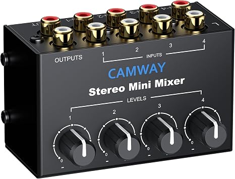 CAMWAY Audio Mixer 4 Channel - Mini RCA Stereo Audio Mixer for PC, X-box,PS4 Gaming,TV,PC,Music,Streaming,DJ Mixing,RCA Input with Independent Volume Controls,Professional Sound,Plug and Play
