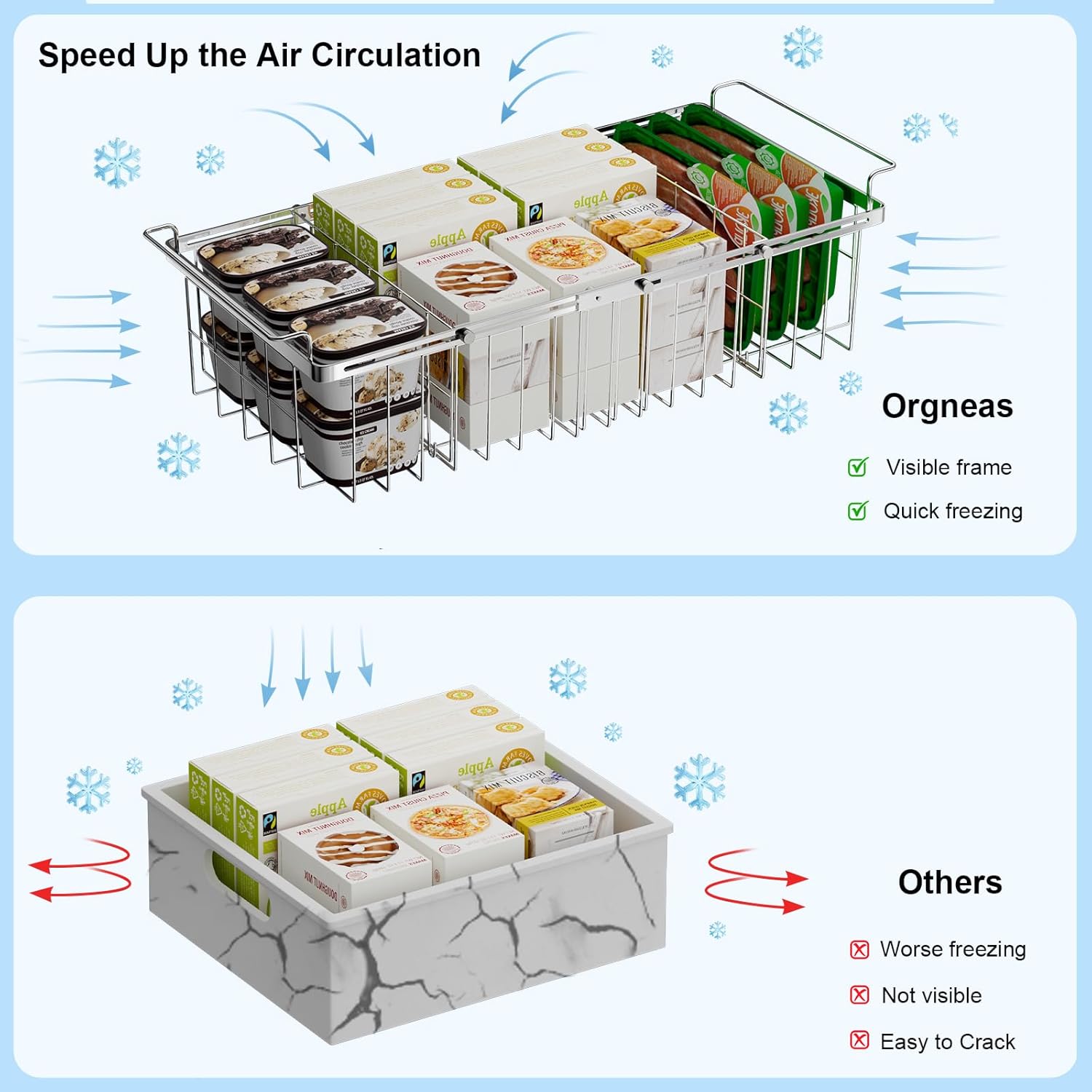 Orgneas Chest Freezer Organizer Bins, Capacity Expandable Deep Freezer Baskets Adjustable From 15.5" to 24.5" Metal Wire Storage with Removable Divider Sheets, 2Pcs