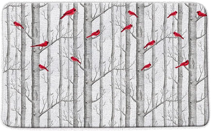 Tree Cardinals Bath Mat Abstract Birch Tree Forest Red Bird on Branches Leafless White Gray Fall Nature Winter Holiday Merry Christmas Bathroom Memory Foam Kitchen Rug,17.8x29.5+16x48 Inch