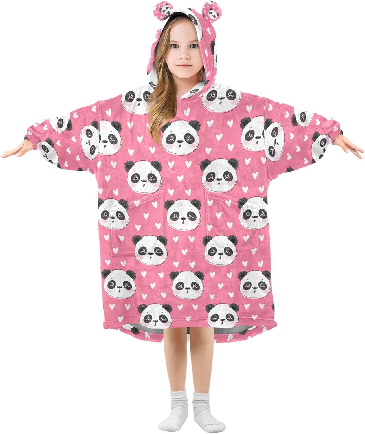 Cute Panda Kids Wearable Blanket Hoodie with Pocket and Sleeves for Toddlers, Cute Hoodies Girls Boys B0404182
