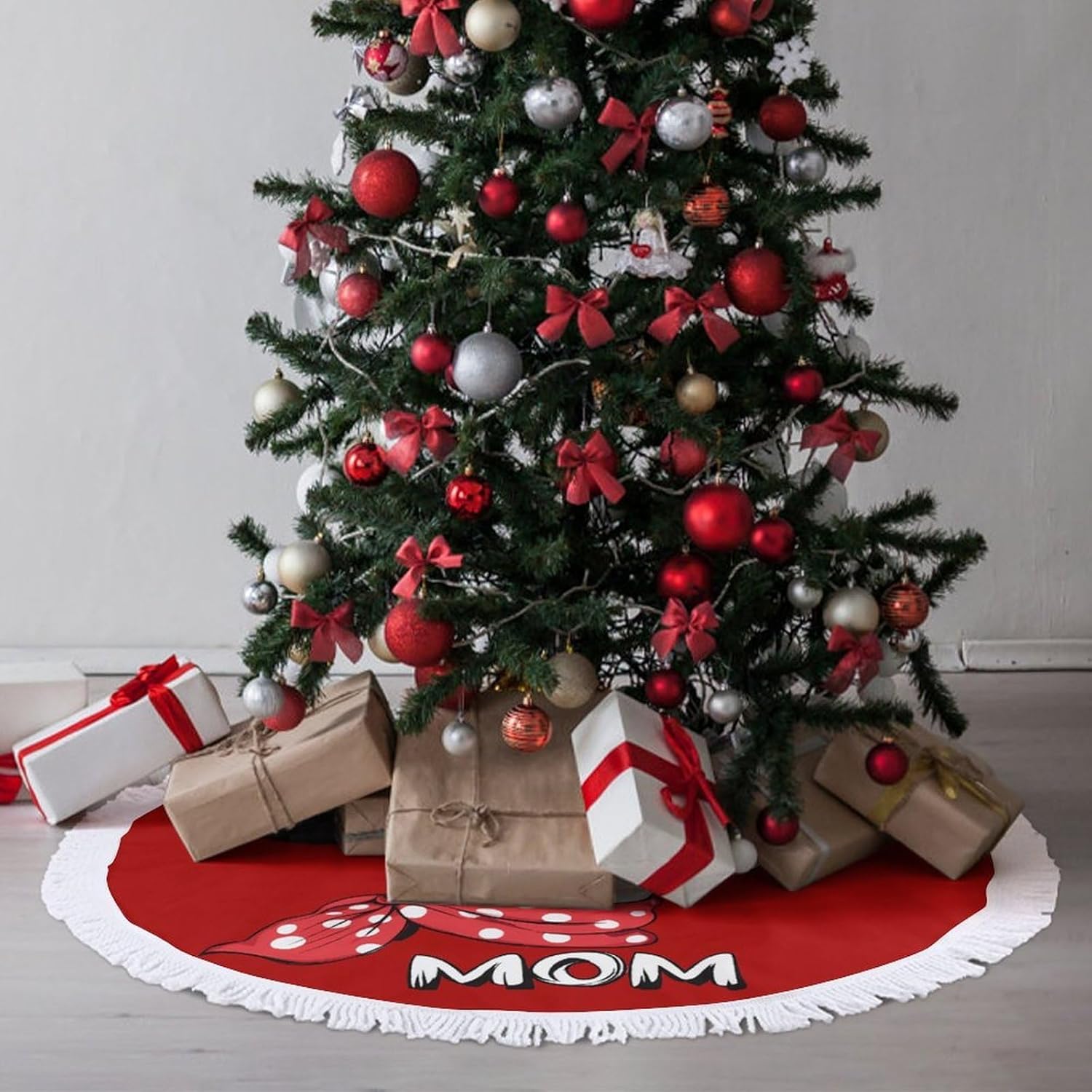 Cow-Print Farm Mama Christmas Tree Skirt Round Xmas Tree Mat Ornaments Tree Skirts with Tassels for Holiday Party