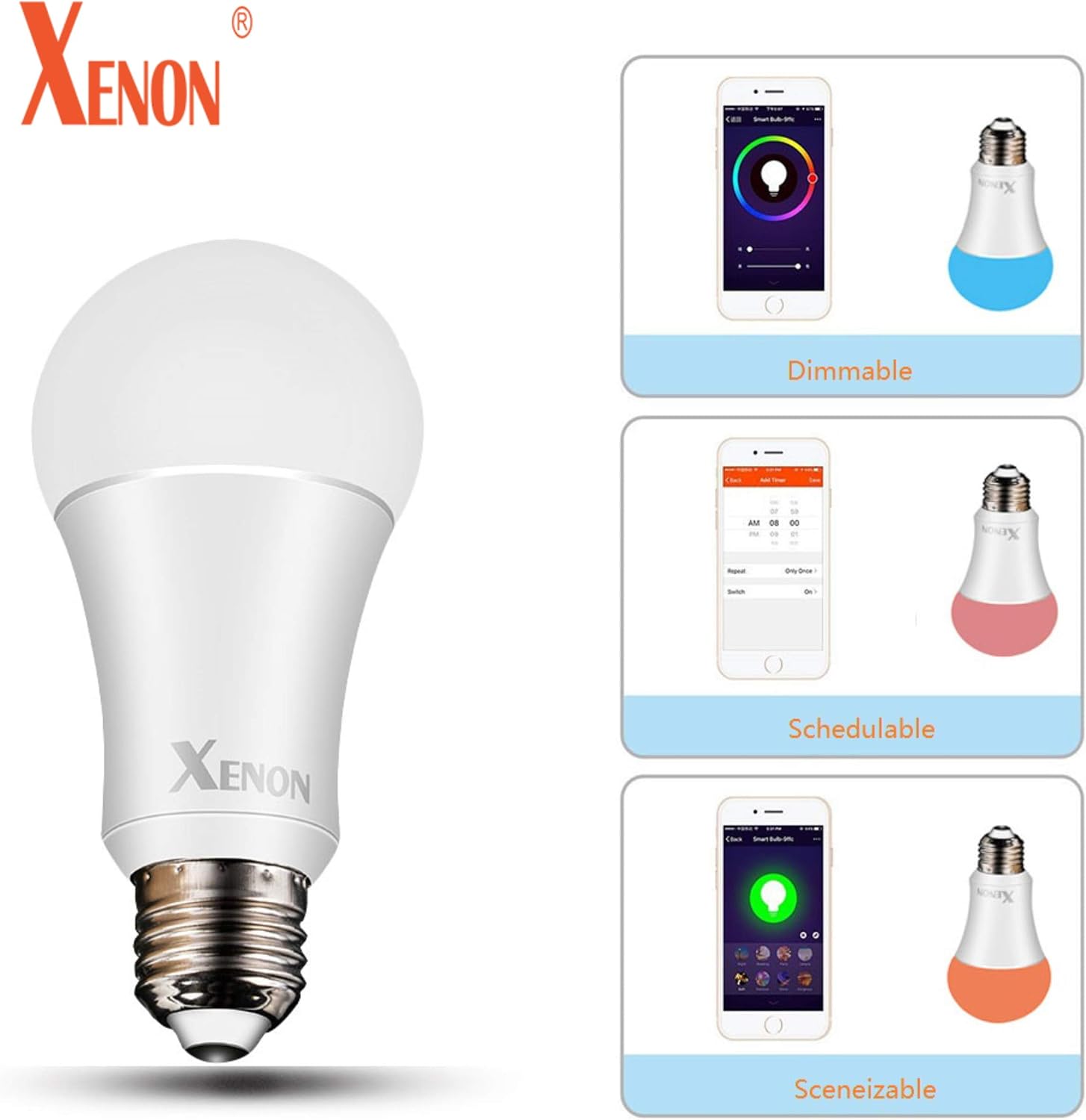XENON WiFi Smart LED Light Bulb Compatible with Alexa Echo Remote Control by Smartphone Work with Google Assistant,Multi Light Color,6W,2 Packs …