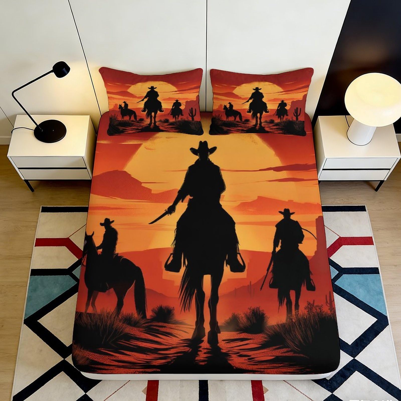 3D Printed Cowboy Sunset Fitted Sheet Microfiber Soft Orange Western Horse Mattress Cover for Bedroom Dorm Decor 200x200x25cm