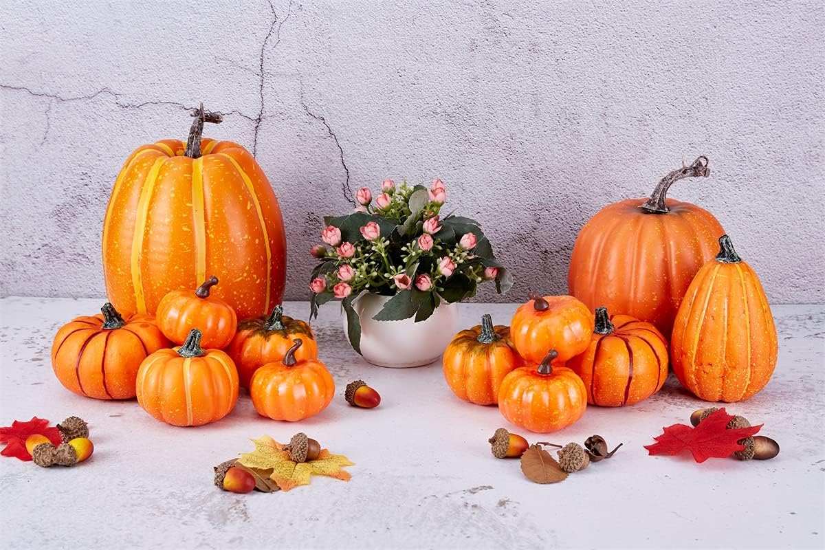 Artmag Package of 12 Pcs Assorted Sizes Artificial Fake Orange Pumpkins Large Faux Harvest Pumpkins for Fall Thanksgiving Halloween Seasonal Holiday Decor Decoration
